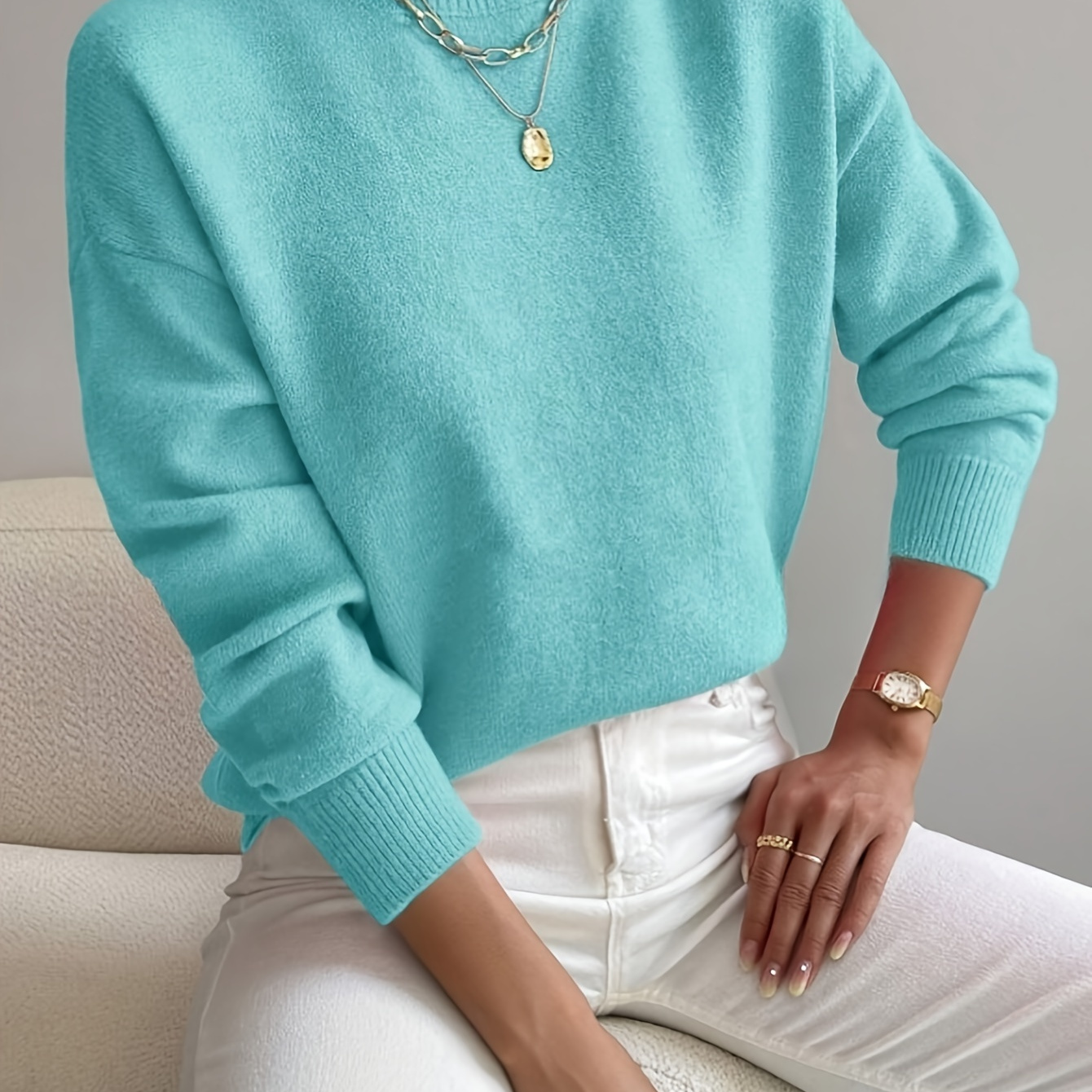 

Chic Solid Color Mock Neck Sweater For Women - Cozy Knit Pullover With Long Sleeves, Stretchy & Machine Washable, Fall/winter - In Teal, Blue, And Black