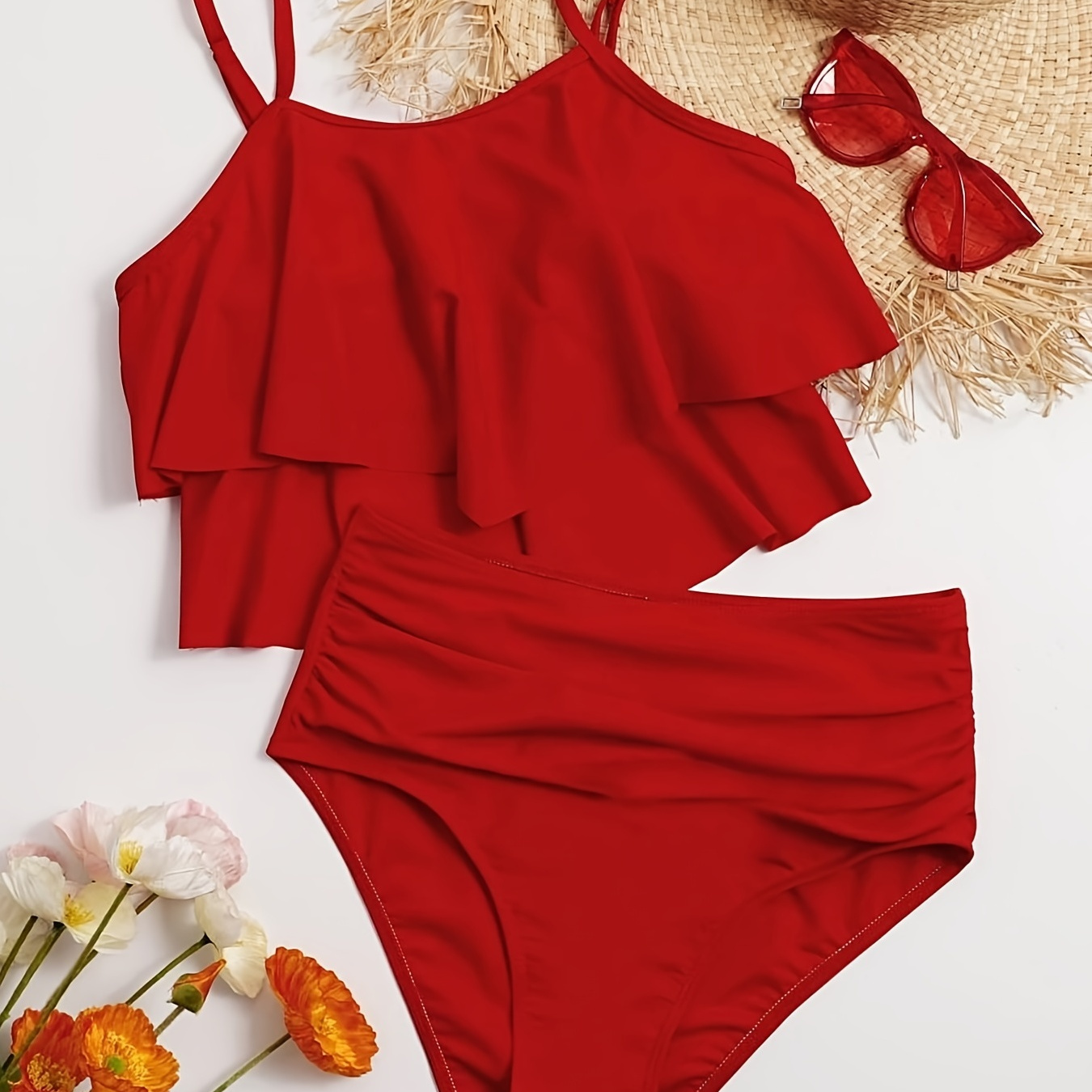 

Layer Ruffle Solid Red High Waist 2 Piece Set Tankini, Ruched Tummy Control Spaghetti Strap Stretchy Swimsuit For Beach Pool Bathing, Women's Swimwear & Clothing