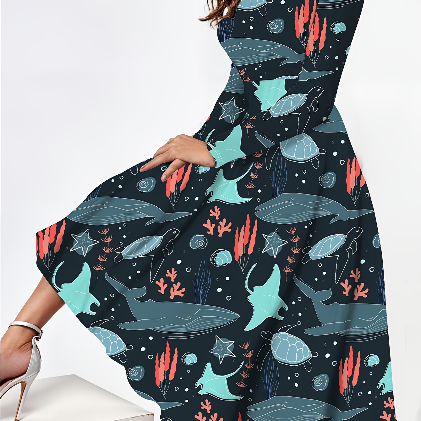 

Ocean Life Print Dress, Casual Long Sleeve Crew Neck Dress Spring & Fall & Winter, Women's Clothing