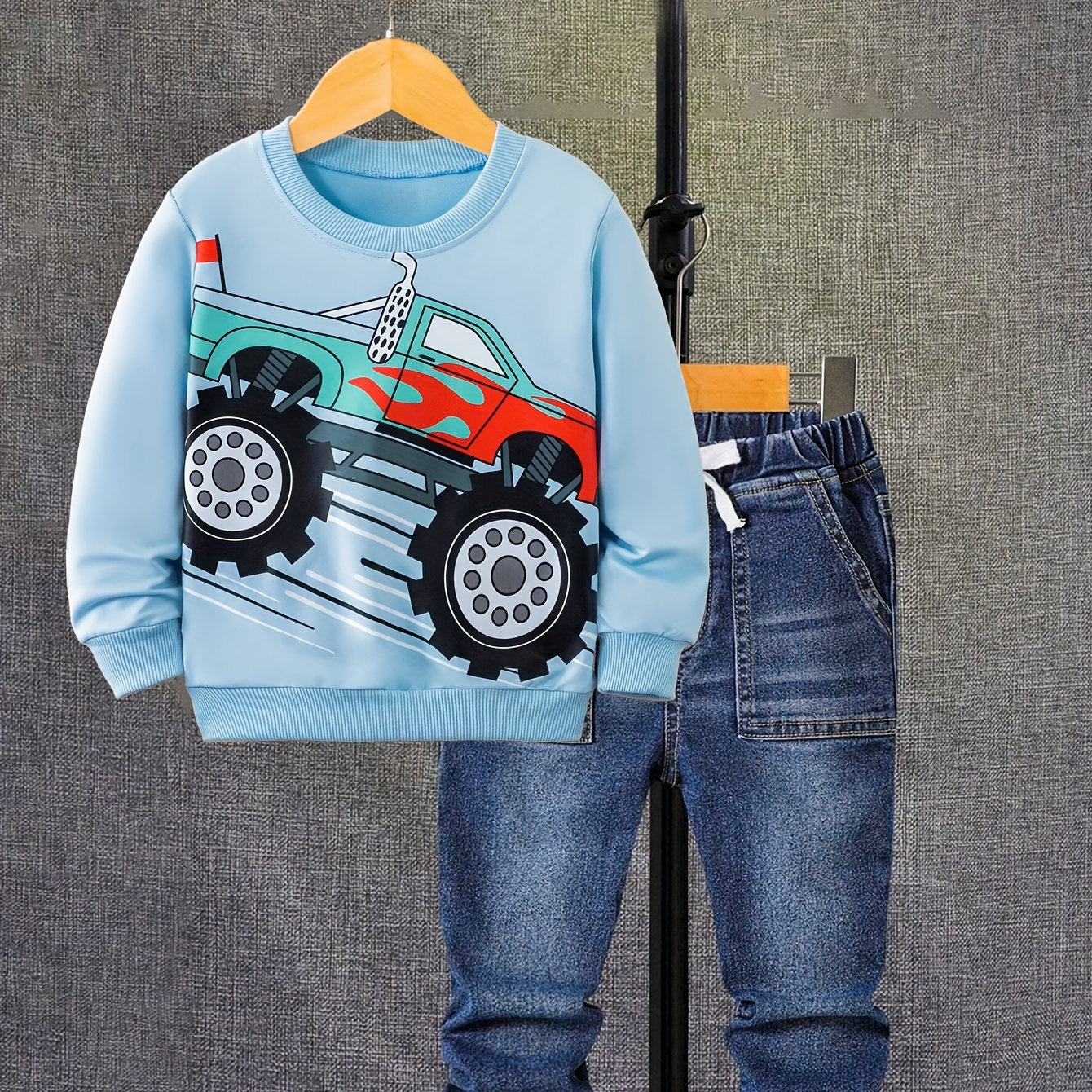 

Kids' Casual Outfit Set, Boys' Long Sleeve Shirt With Hood And Car Pattern, Jeans Pants, Polyester Blend, Machine Washable, Autumn/winter Fashion