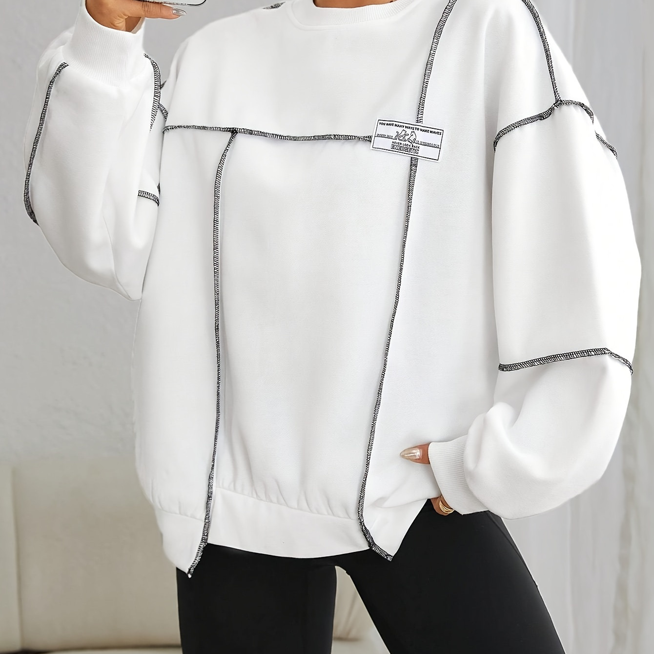 

Elegant Polyester Sweatshirt With Shoulder Stitching And Round Neck - Solid Color, Knit Fabric, Comfort