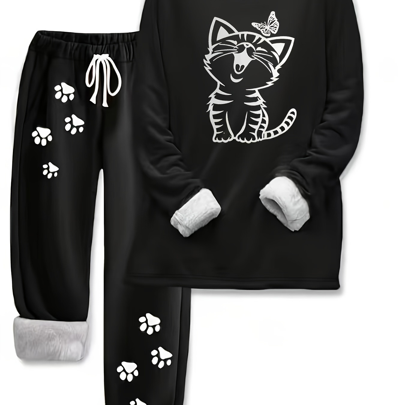 

Cozy Fleece-lined Women's Cat Paw Print Sweatshirt & Joggers Set - Casual Long Sleeve Crew Neck With Drawstring Waist, Plus Size , Autumn Winter, Fashion