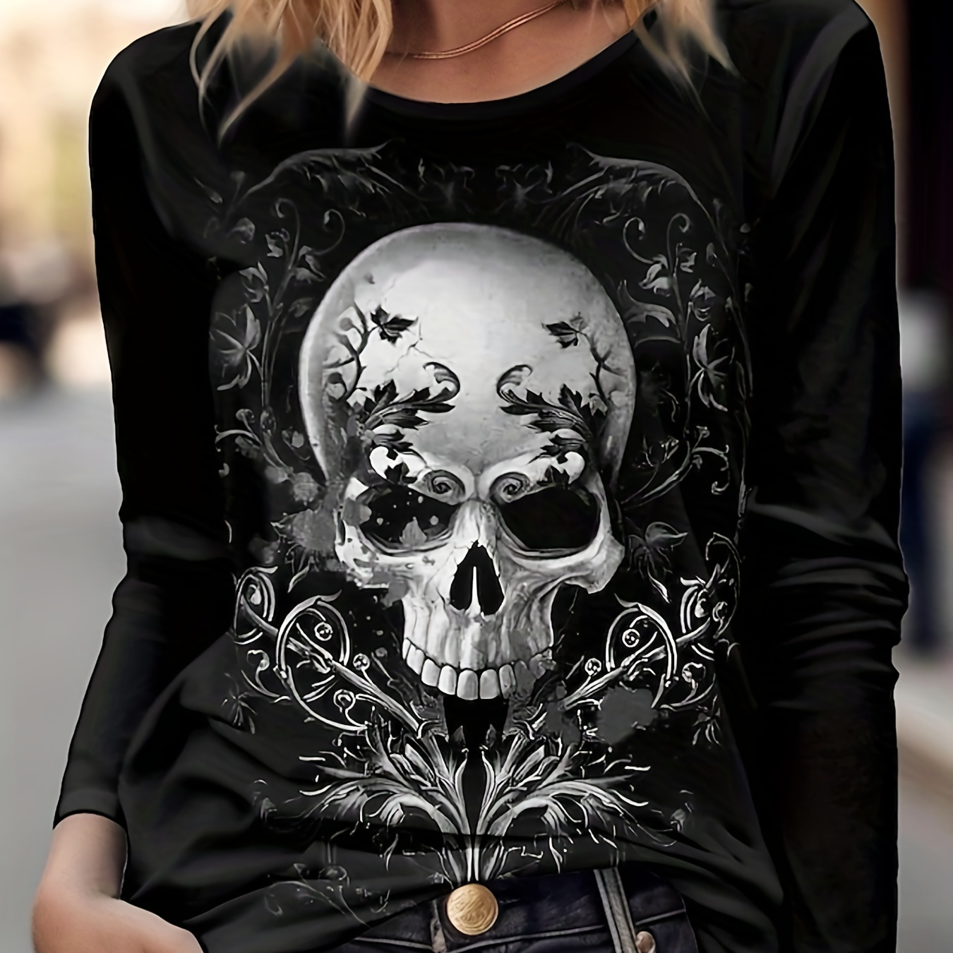 

Skull Print Crew Neck T-shirt, Casual Long Sleeve Top For Spring & Fall, Women's Clothing