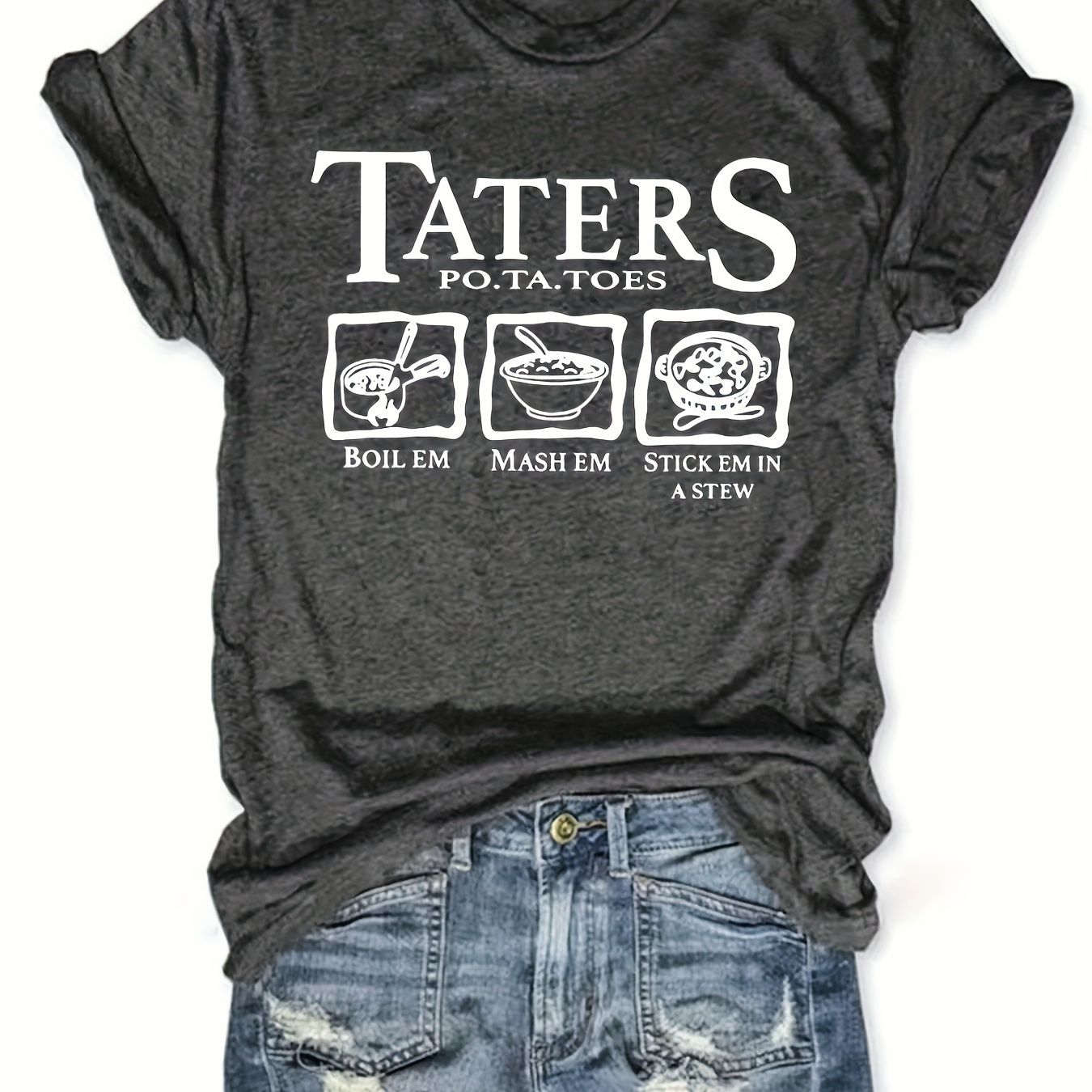 

Letter & Pattern Print Crew Neck T-shirt, Casual Short Sleeve Knitted T-shirt For Every Day, Women's Clothing