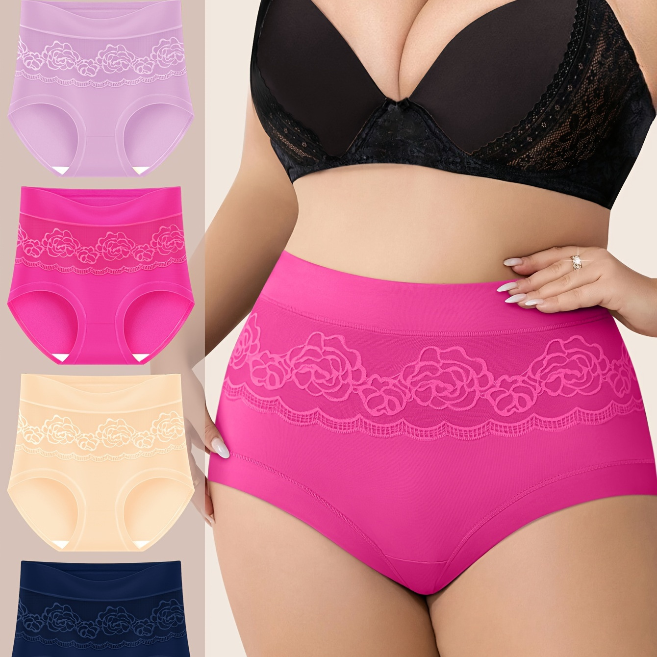 

4pcs Women's Plus Elegant Panties, Plus Size Rose Pattern High Waist Tummy Control Fitted Briefs