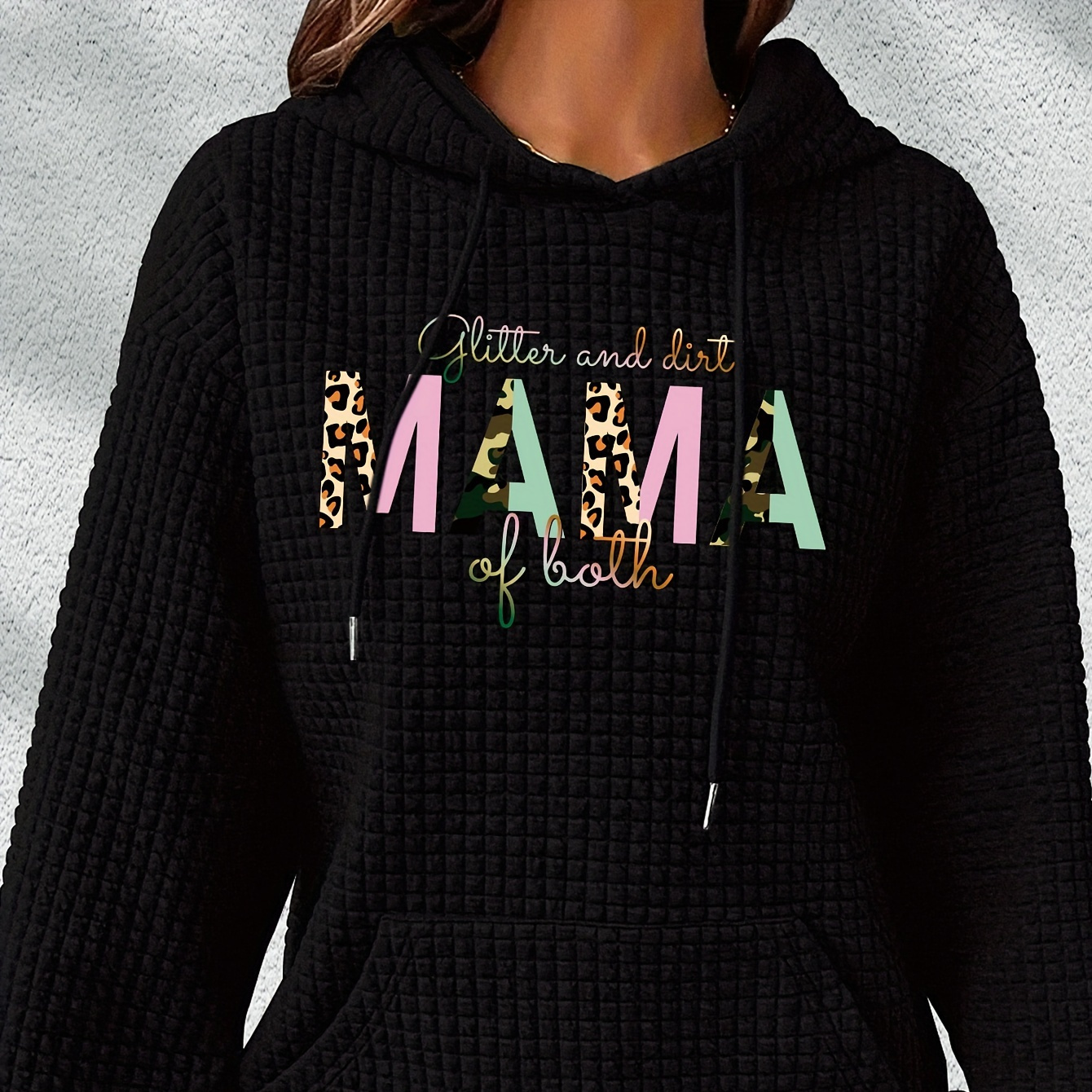 

Mama Print Waffle Hoodie, Drawstring Kangaroo Pocket Casual Hooded Sweatshirt For Winter & Fall, Women's Clothing