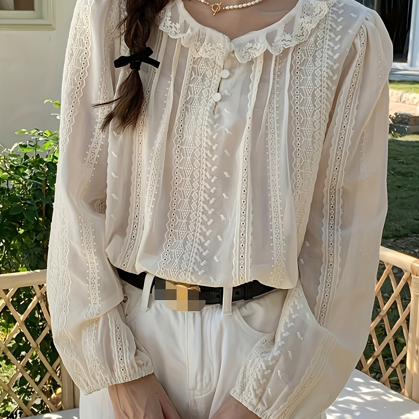 

Eyelet Embroidered Crew Neck Blouse, Elegant Long Sleeve Blouse For Spring & Summer, Women's Clothing