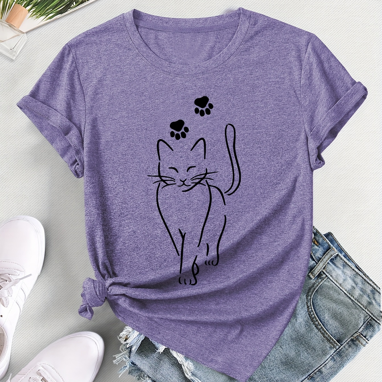 

Cat & Paw Print Casual T-shirt, Crew Neck Short Sleeves Sports Tee, Women's Activewear