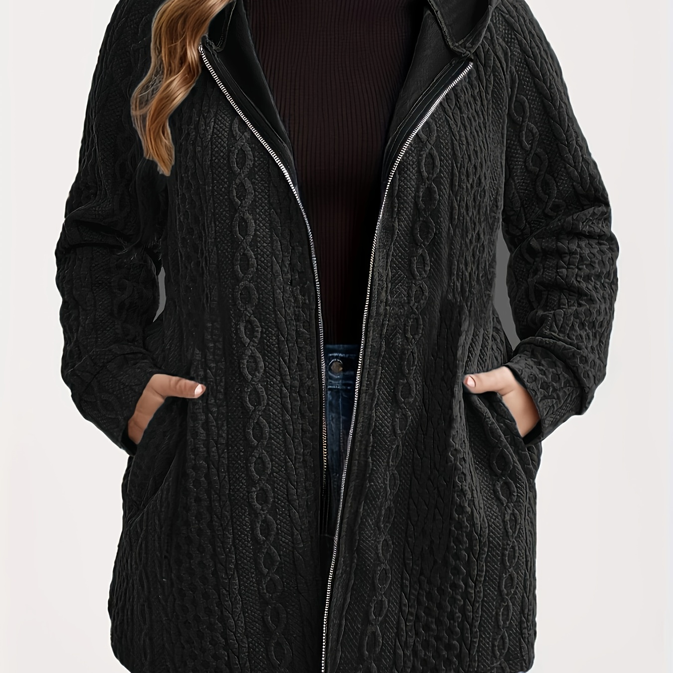 

Women's Plus Size Elegant Solid Color Hooded Jacket, 95% Polyester 5% Spandex, Stretch Knit Fabric, Cozy Outerwear With Pockets, 180g/m² Weight