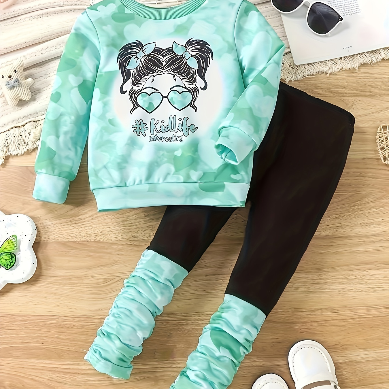 

' 2pcs Cat Sweatshirt & Leggings Set - , Stretchy Polyester For /fall, For