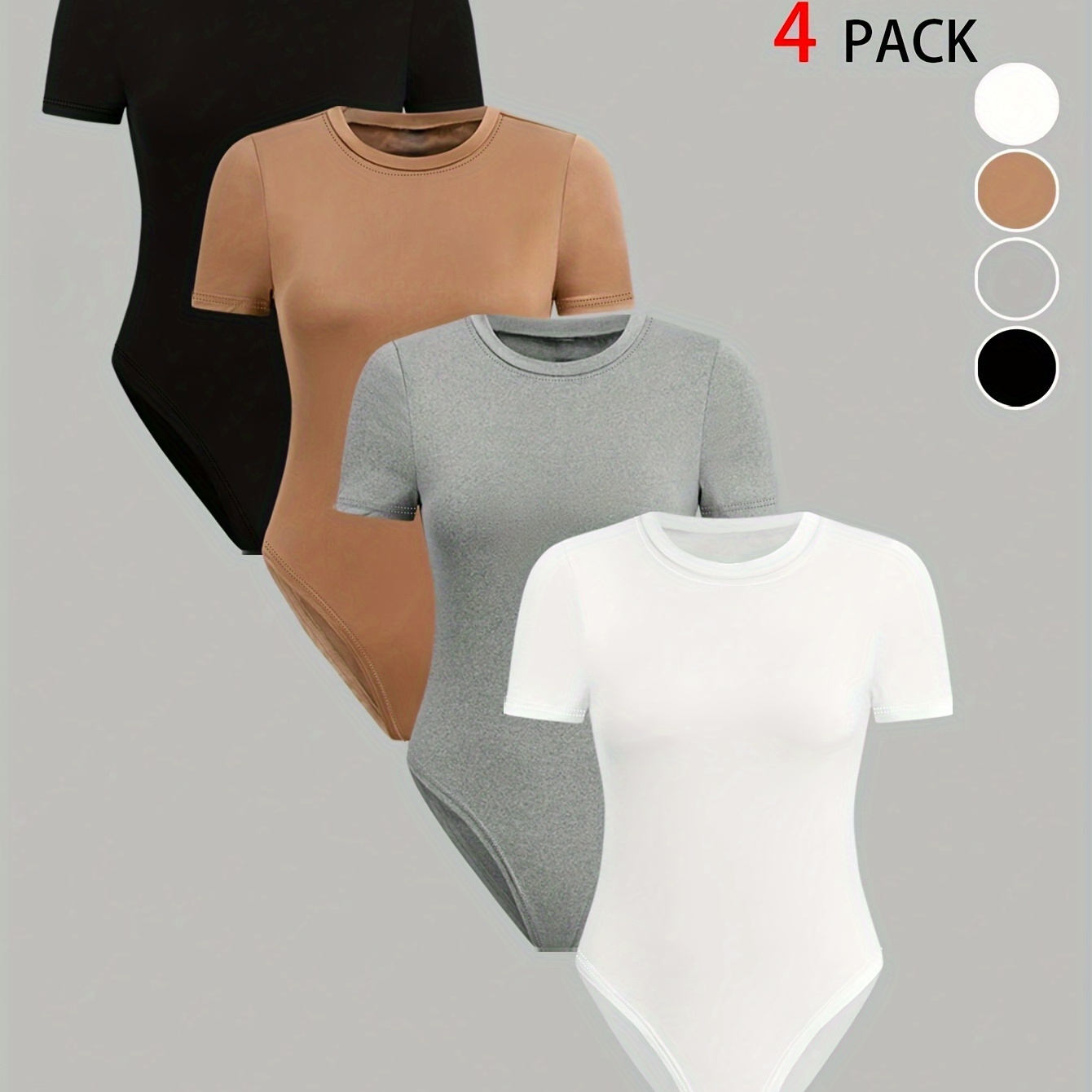 

4pcs Body uni couleur à col rond, Body décontracté à manches courtes et skinny pour le printemps et l'été, Vêtements pour femmes