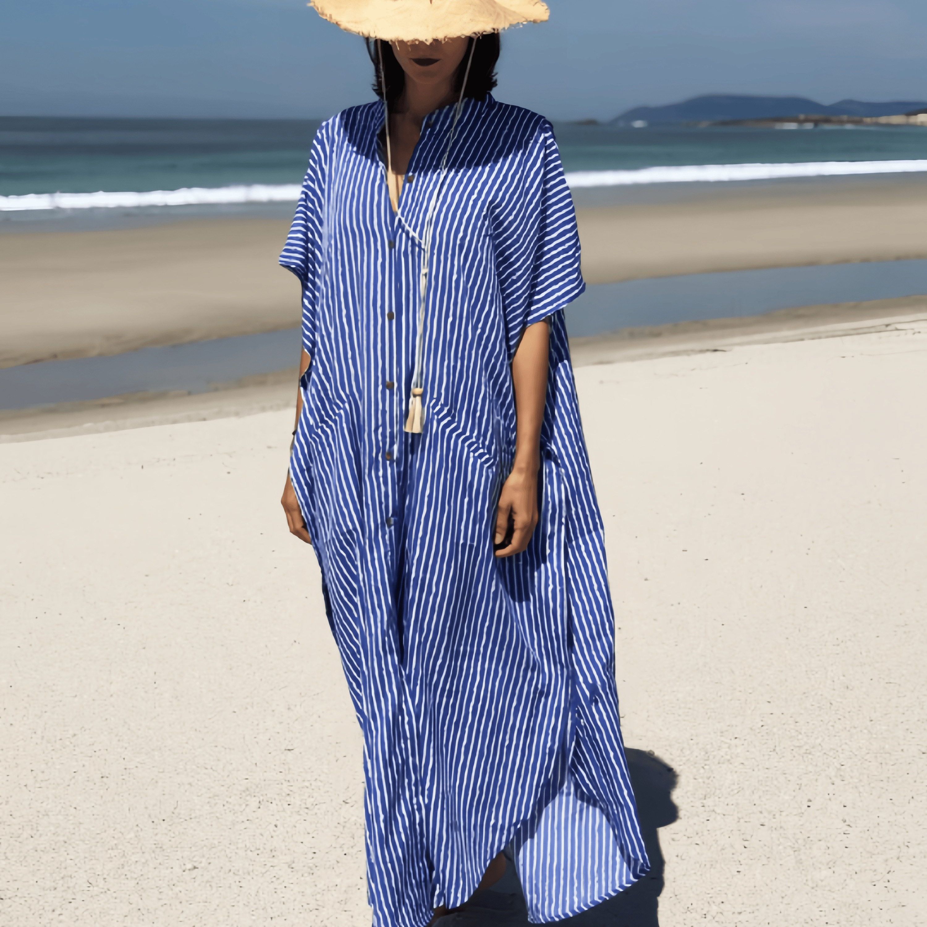 

Edolynsa Elegant Blue Striped Cover-up Dress With Button Detail - Plus Size, Short Sleeve, Non-stretch Polyester, Machine Washable, Stand Collar, No-see-through Fabric, Women' Swimwear