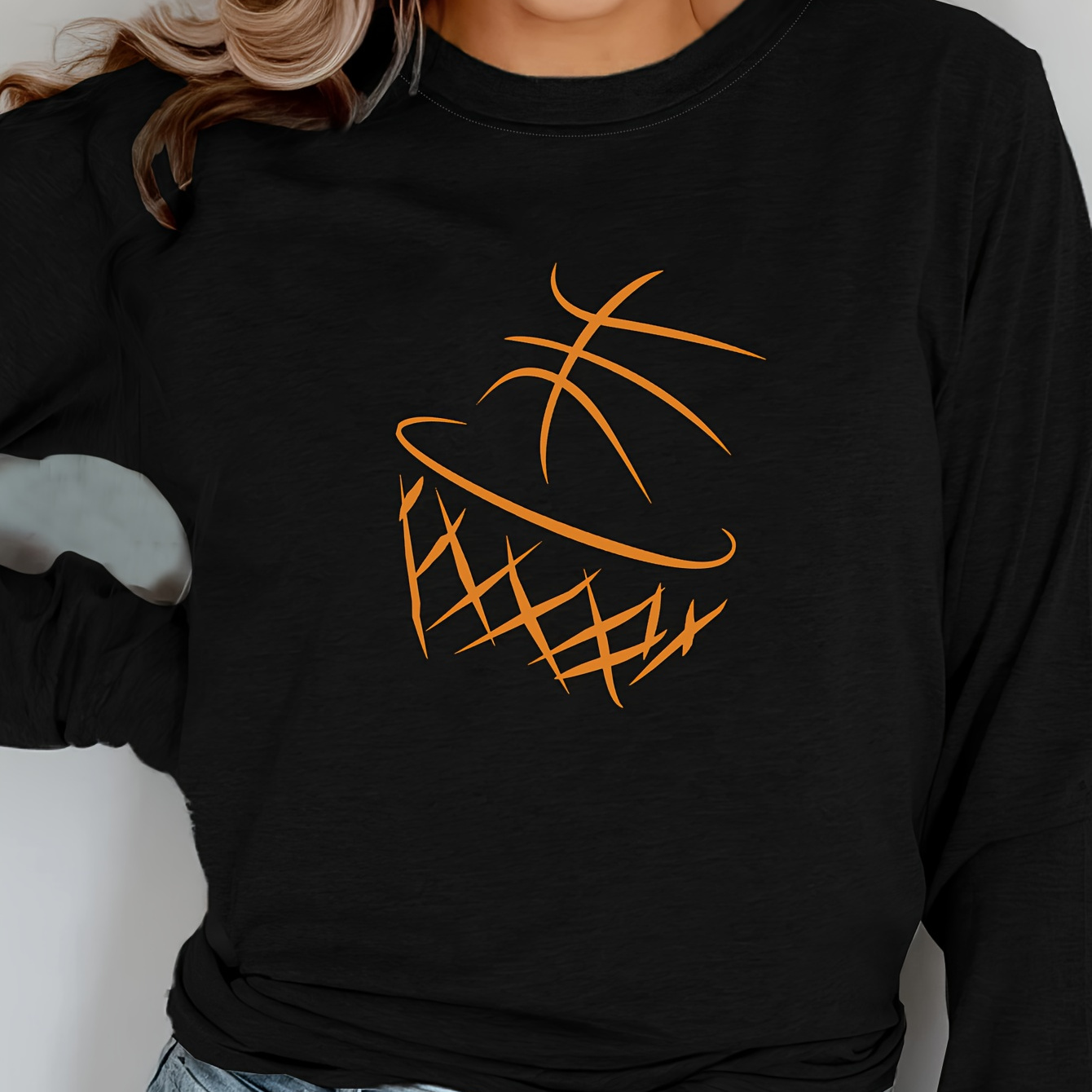 

Basketball Neck T-shirt, Casual Long Sleeve Top For Spring & Fall, Women's Clothing