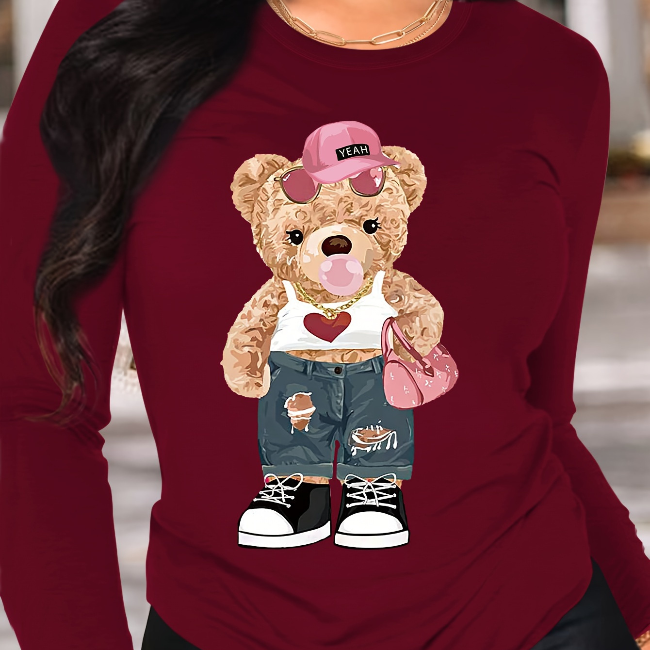 

Teddy Bear Print T-shirt, Long Sleeve Crew Neck Casual Top For Spring & Fall, Women's Clothing