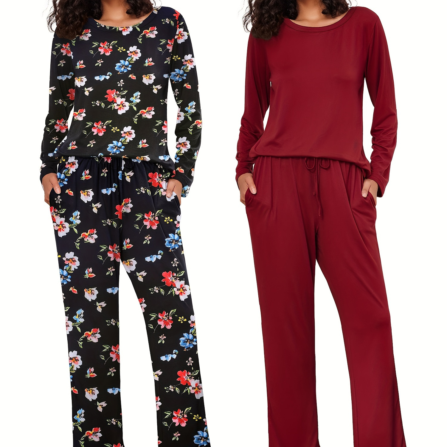 

2 Sets Casual Solid Or Floral Print Lounge Set For Fall & Winter, Long Sleeve Round Neck Top & Pants, Women's Loungewear