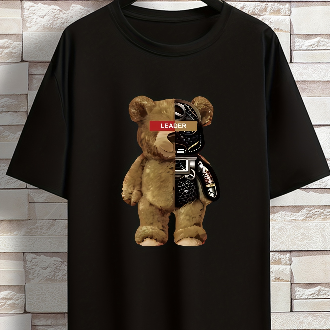 

Plus Size Men's Casual Graphic Tees For Summer, "leader Bear" Print Crew Neck Oversized T-shirts, Trendy Chic Outfit Men's Clothings