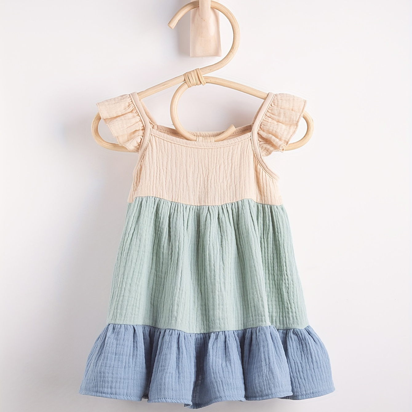 

Baby's Color Block Stitching Comfy Muslin Cap Sleeve Dress, Infant & Toddler Girl's Clothing For Summer/spring, As Gift