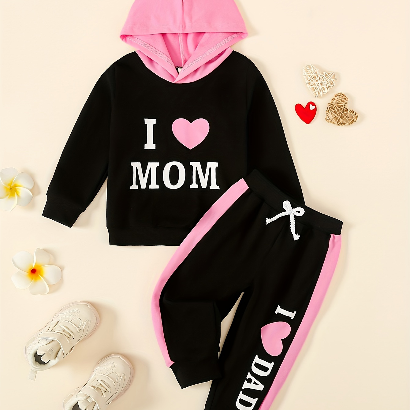 

2pcs Baby Girl Cute Outfits - "i Love Mommy" Letter Print Long Sleeve Hooded Sweatshirt + Jogging Pants Set, Kids Clothes Autumn And Winter