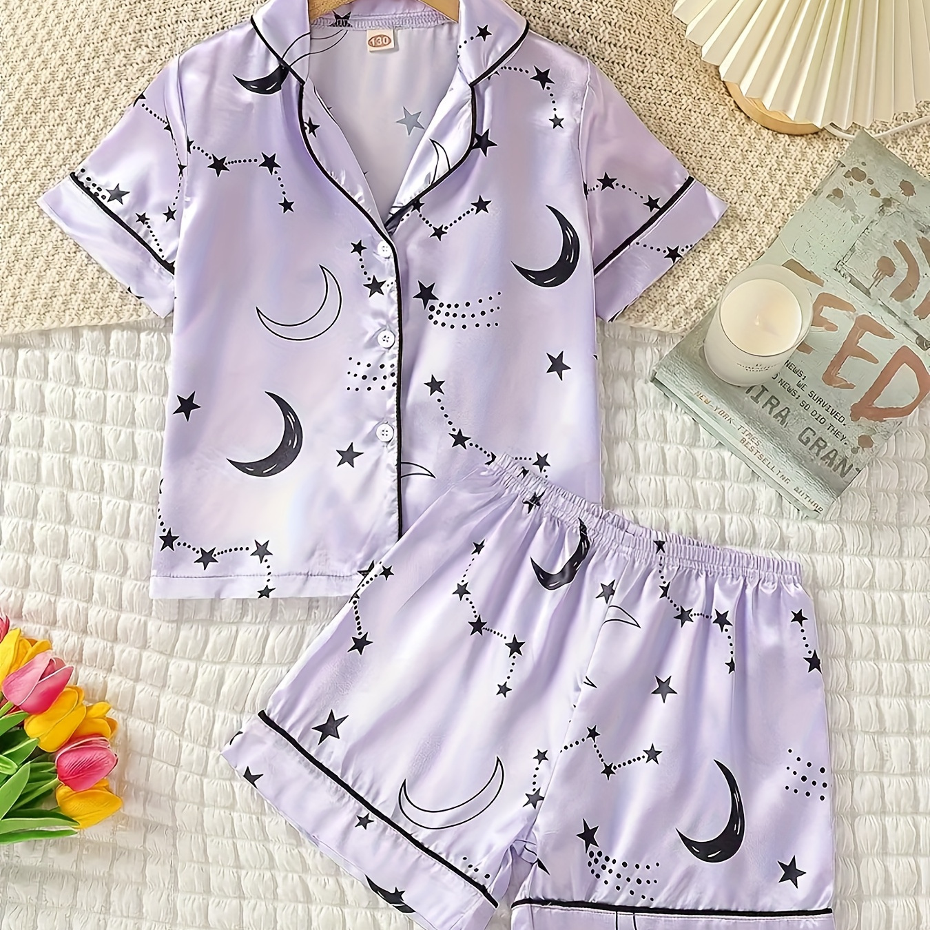 

2 Pcs Girl's Silky Star & Moon Print Lapel Collar Short Sleeve Shirts & Elastic Waist Shorts Pajama Set, Comfy& Skin-friendly Princess Pj Set, As Daily Gift