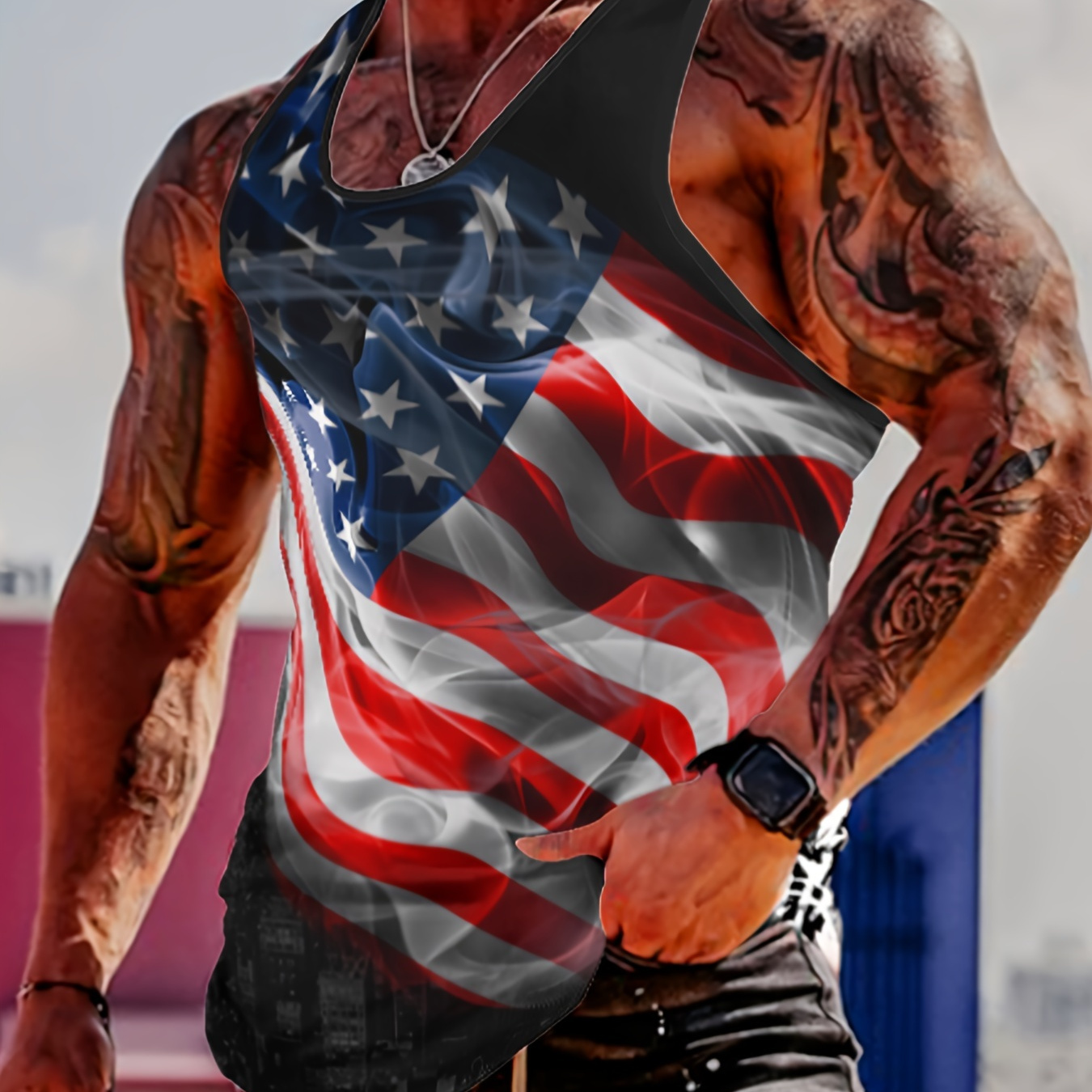 

Flag Print Comfy Breathable Tank Top, Men's Casual Stretch Sleeveless T-shirt For Summer Gym Workout Training Basketball