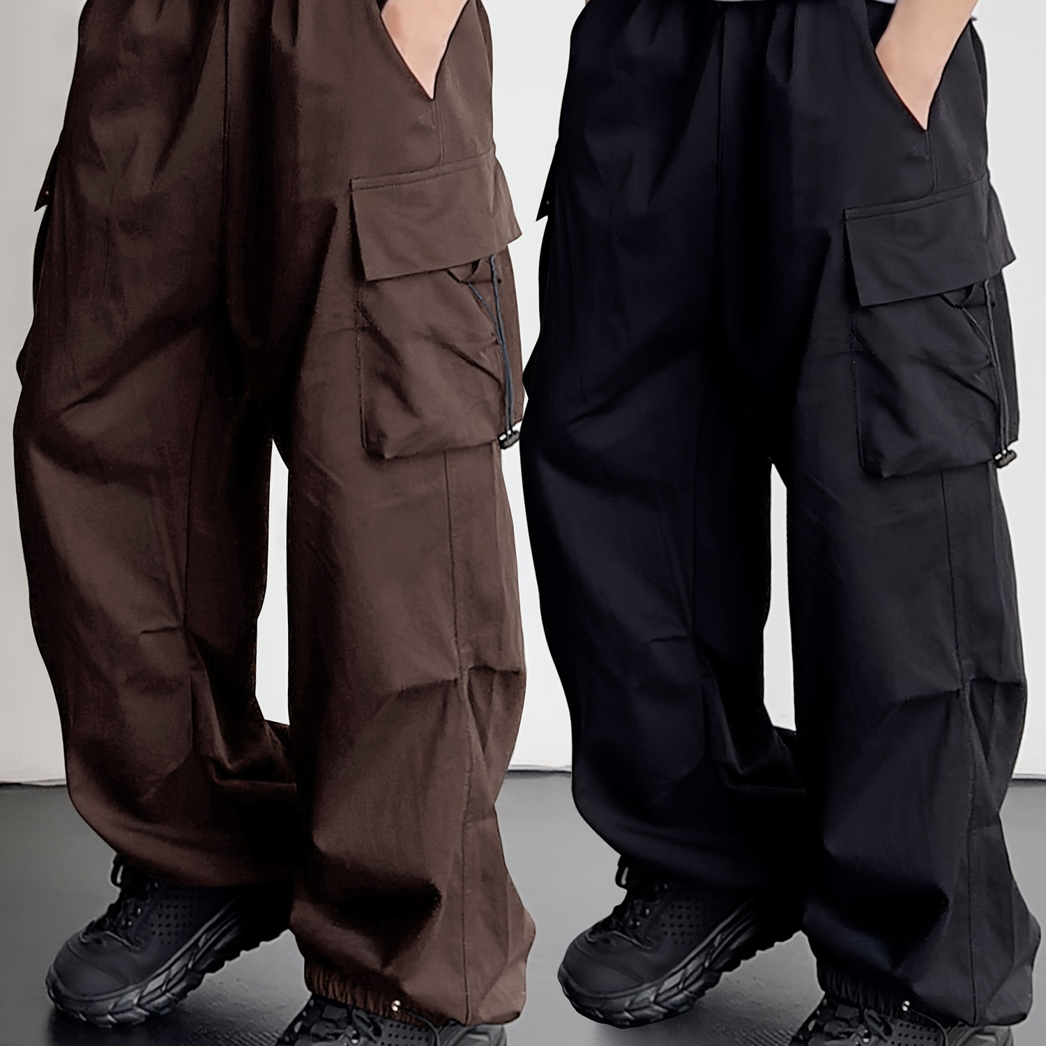 

2-pack Boys Baggy Cargo Pants, Casual Woven Pants With Elastic Waist And Pockets, All-season Wear