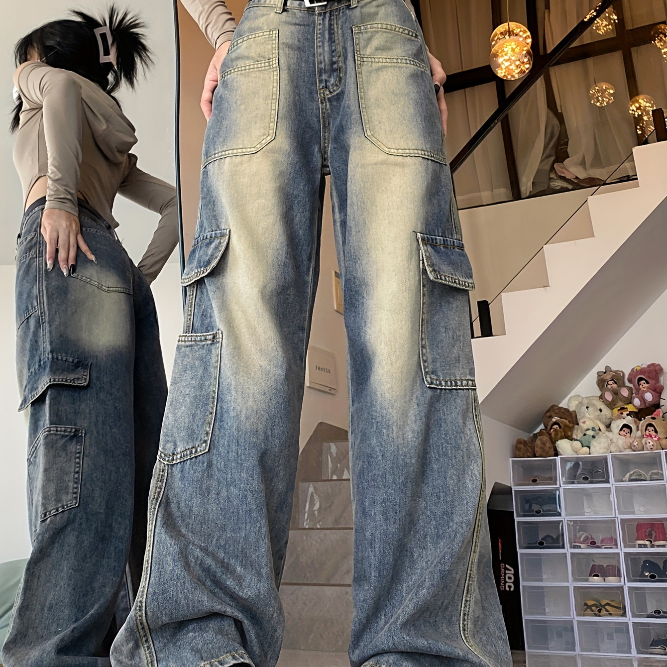 

Blue Multi-pockets Cargo Pants, Loose Fit Non-stretch Y2k & Kpop Style Washed Straight Jeans, Women's Denim Jeans & Clothing