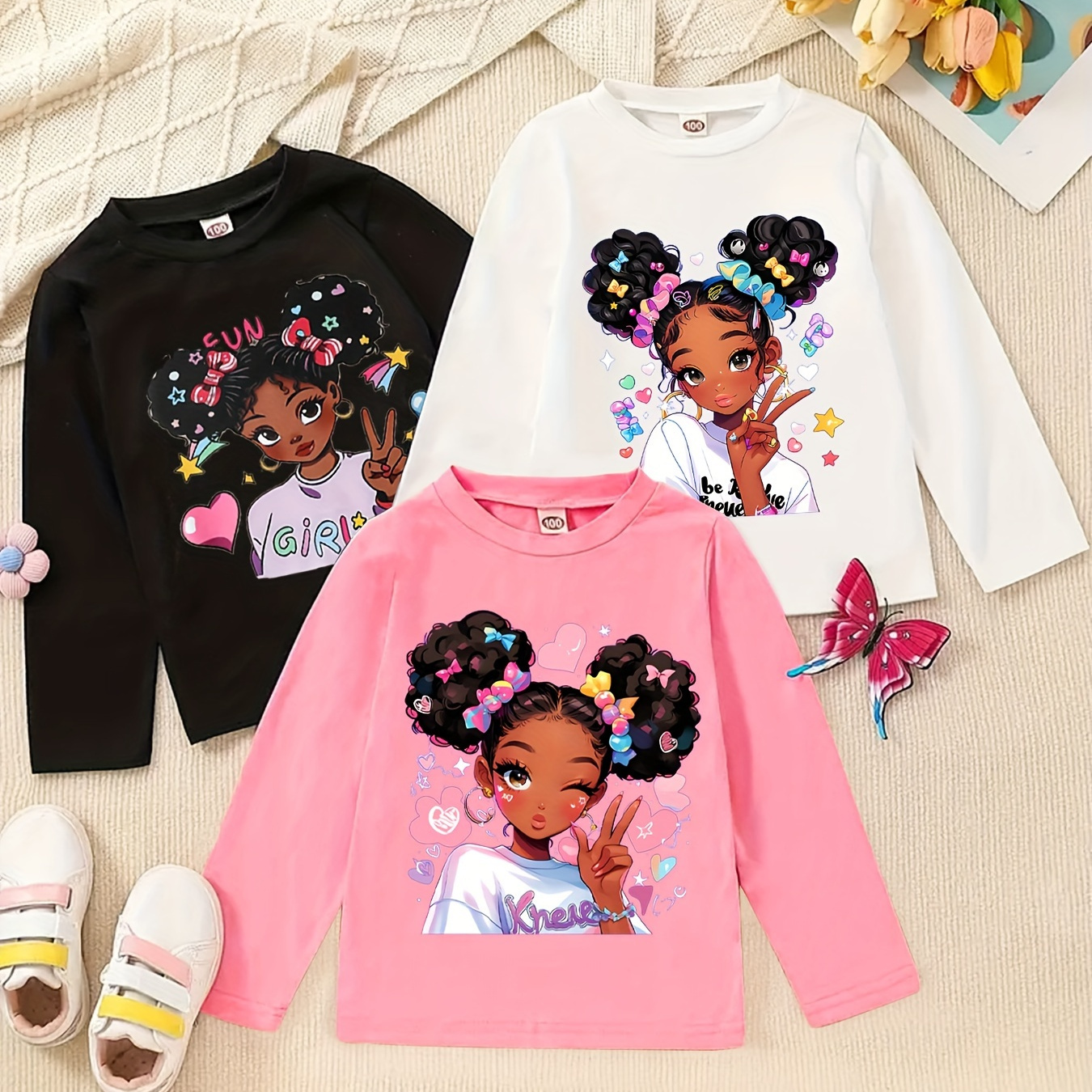 

3pcs Cartoon Girls Print Girl's Comfortable Stylish Long Sleeves T-shirts, Round Neck Tops For & Outdoor Activities, Meticulously For Fall And Winter