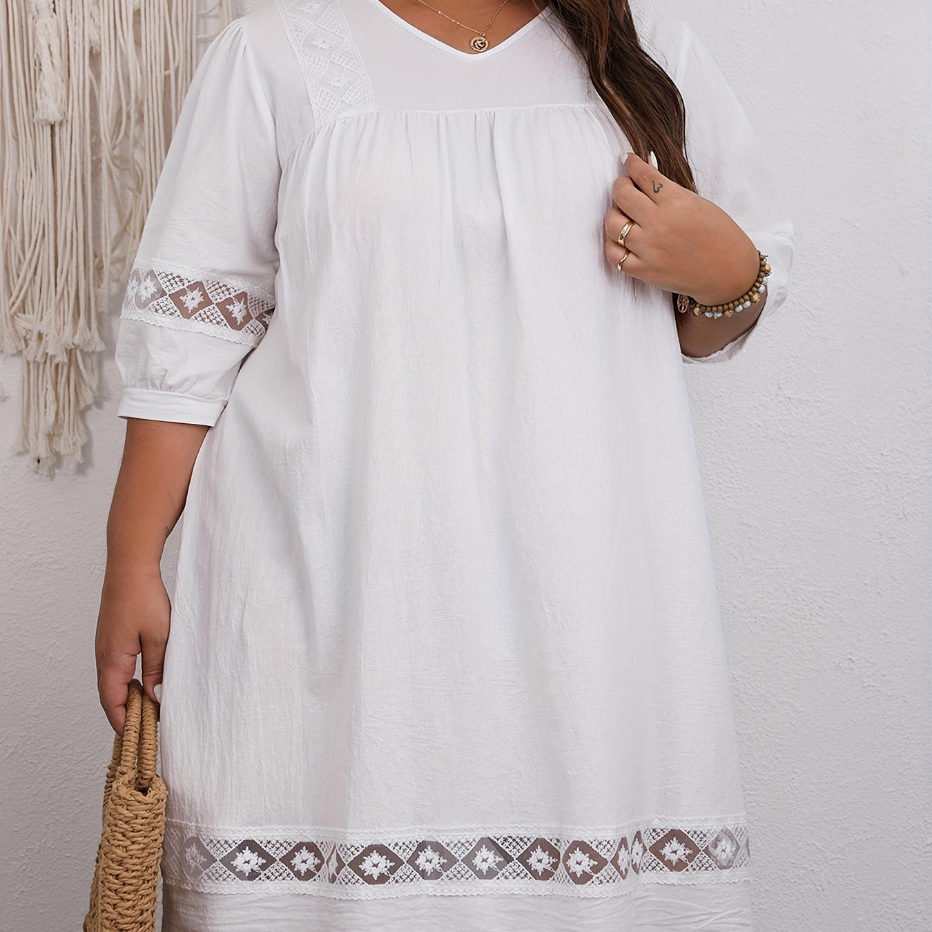 Plus Size Casual Dress Women's Plus Solid Contrast Lace - Temu Canada