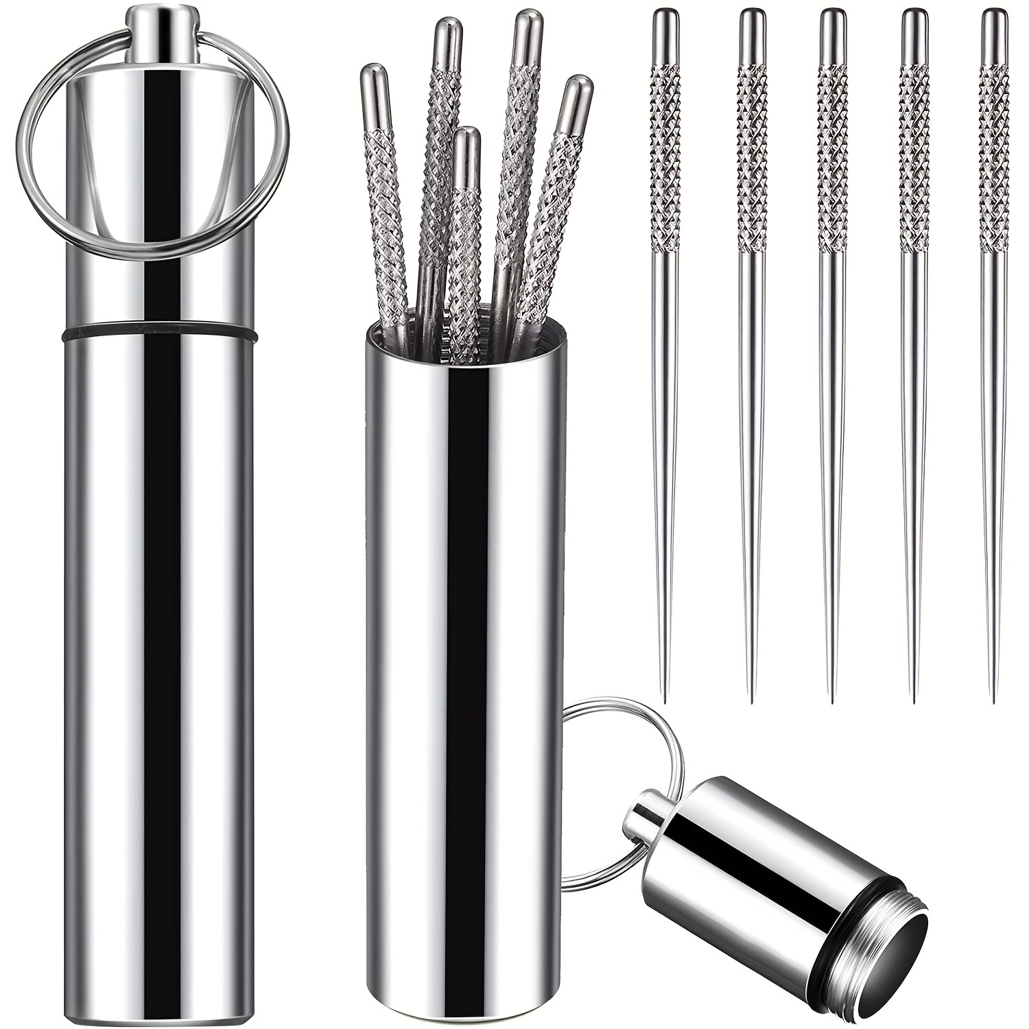 

5pcs, Mini Pocket Toothpick Holder Reusable Stainless Steel Waterproof Toothpick Case Toothpick Fruit Picks With Keyring For Outdoor Picnic Camping Traveling Supplies Travel Must Have