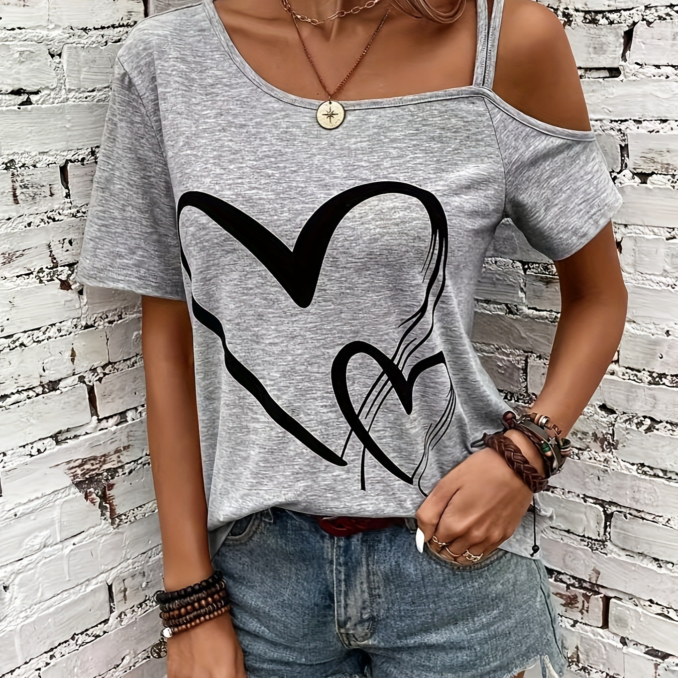 

Heart Print Cold Shoulder T-shirt, Casual Short Sleeve Top For Spring & Summer, Women's Clothing