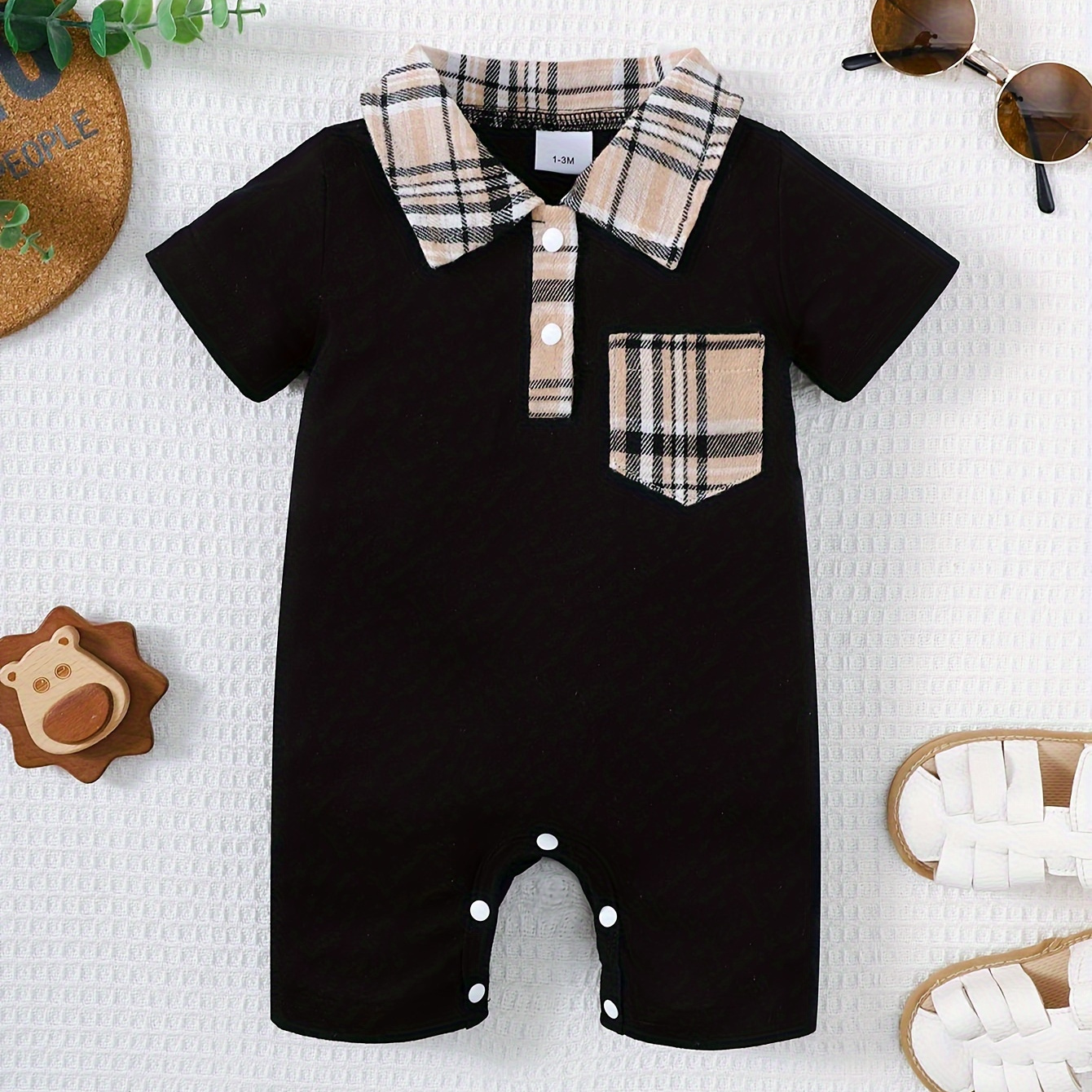 

Infant's Plaid Pattern Stitching Casual Bodysuit, Comfy Short Sleeve Onesie, Baby Boy's Clothing