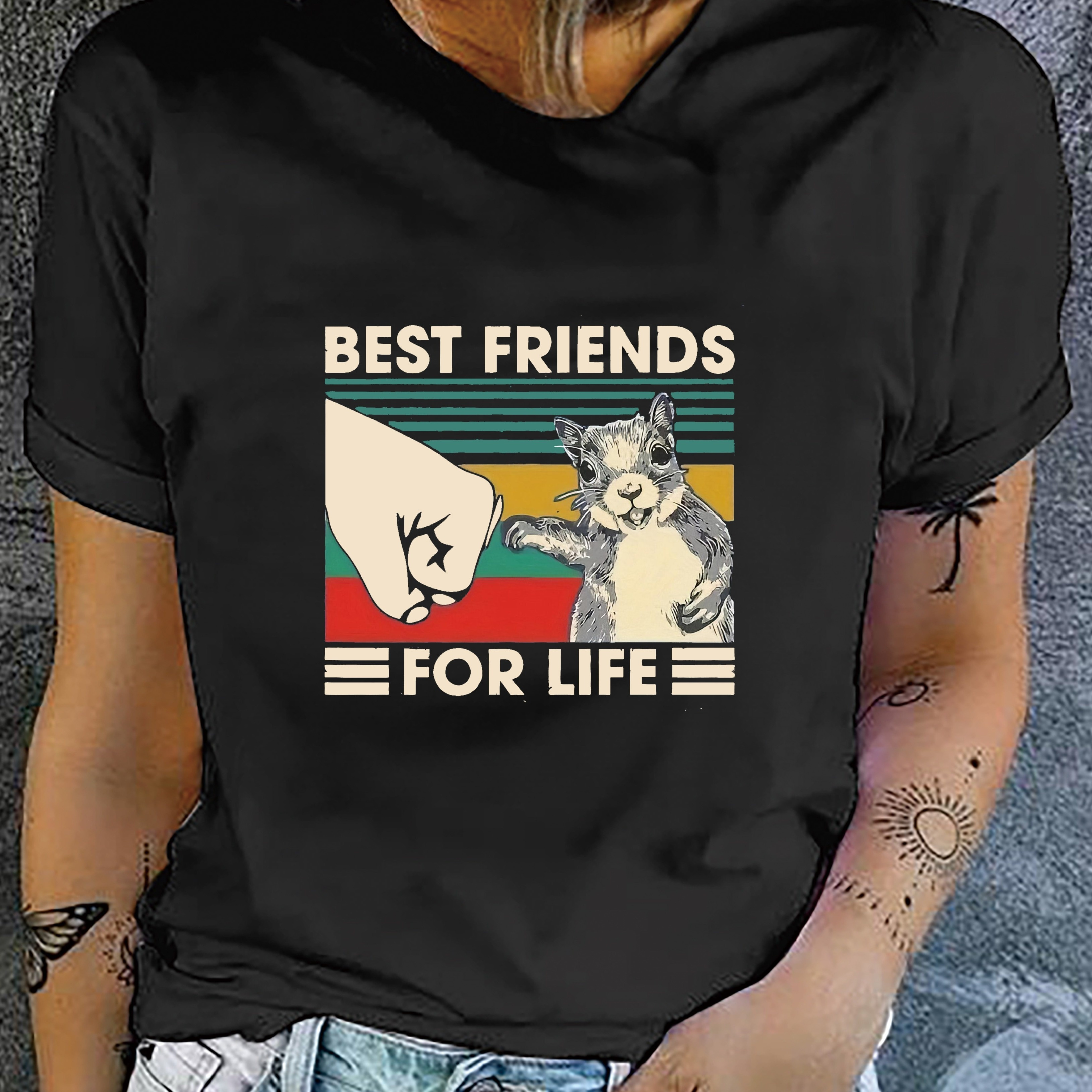 

Hand & Squirrel Print T-shirt, Short Sleeve Crew Neck Casual Top For Summer & Spring, Women's Clothing