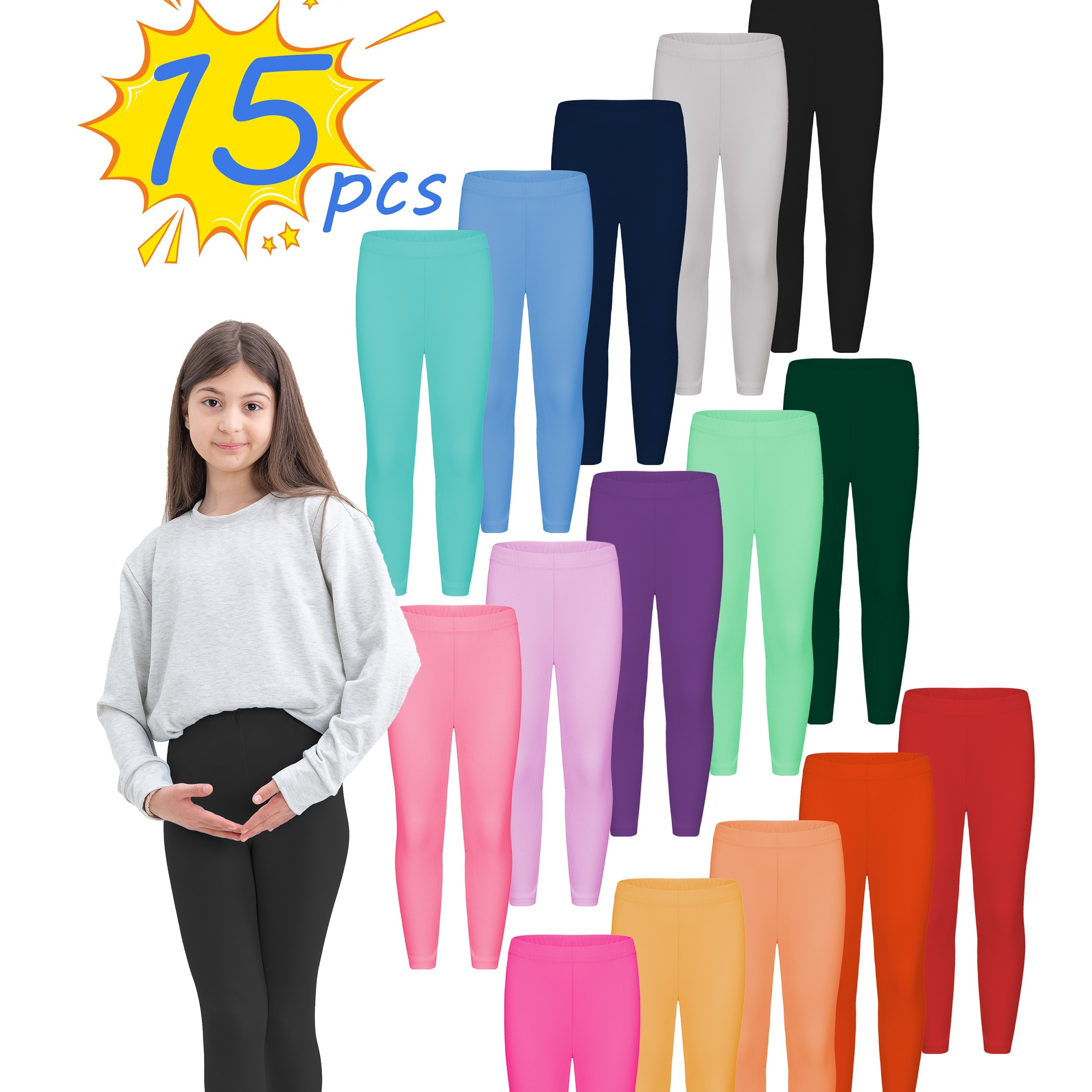 

Ensemble de 15 leggings unis extensibles pour filles pour une tenue quotidienne au printemps et en automne