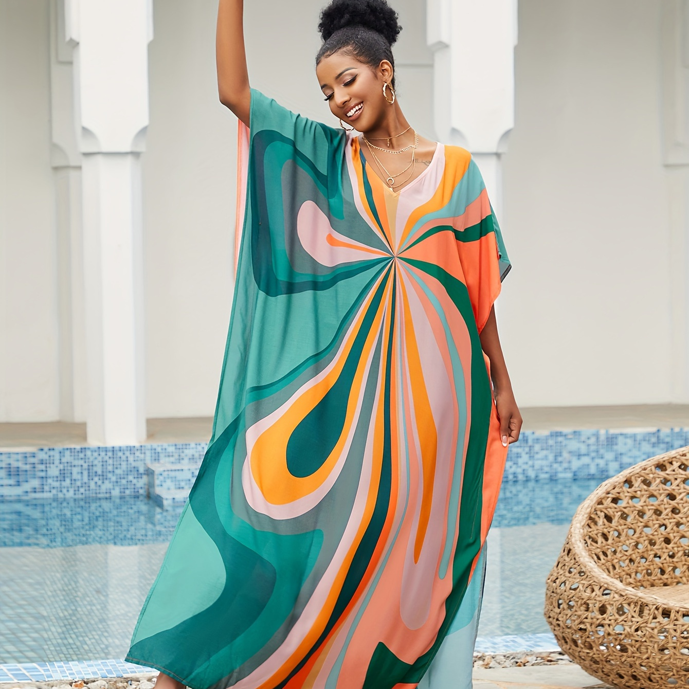 

Colorful Abstract Print Side Split Cover Up Dress, Loose Fit V Neck Boho Style Beach Kaftan, Women's Swimwear & Clothing