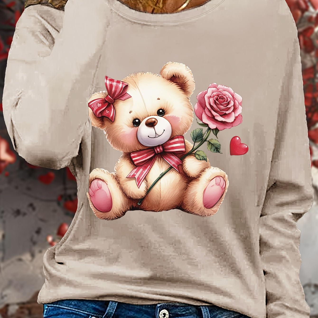 

1pc Women's Casual Crew Neck Long Sleeve T-shirt With Cute Teddy Bear And Rose Print, Polyester 100% Knit Fabric, Regular Fit Pullover With Medium Stretch - Fall Season Fashion Top