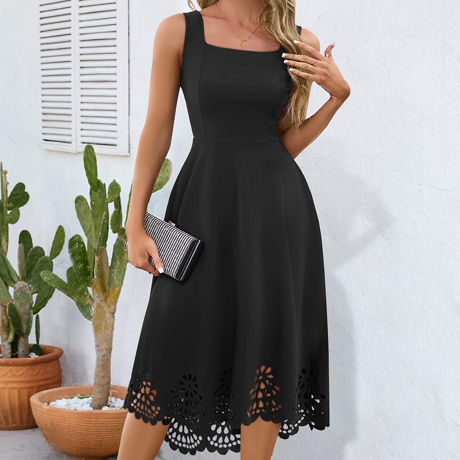 

1pc Elegant Square Neck A-line Dress With Eyelet Cut-out Detail, Polyester Knit Fabric, Solid Color, Suitable For All