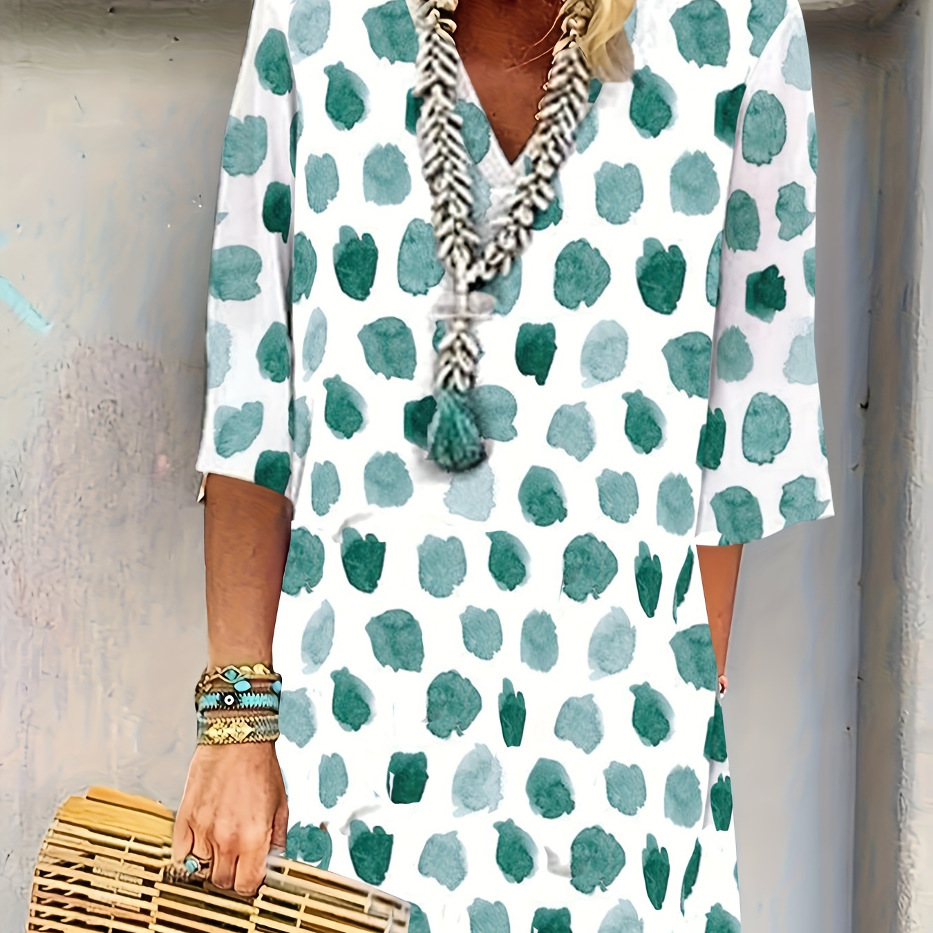 

Print V Neck Loose Dress, Casual 3/4 Sleeve Dress For Spring & Fall, Women's Clothing
