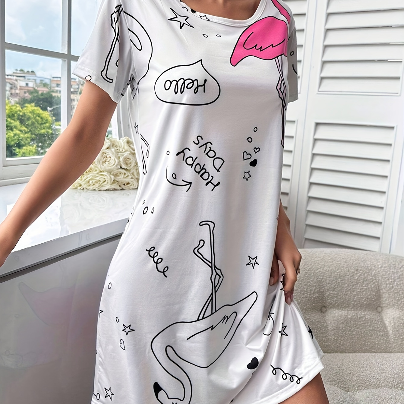 

Casual Flamingo & Slogan Print Nightdress, Short Sleeve Round Neck Loose Fit Tee Dress, Women's Sleepwear