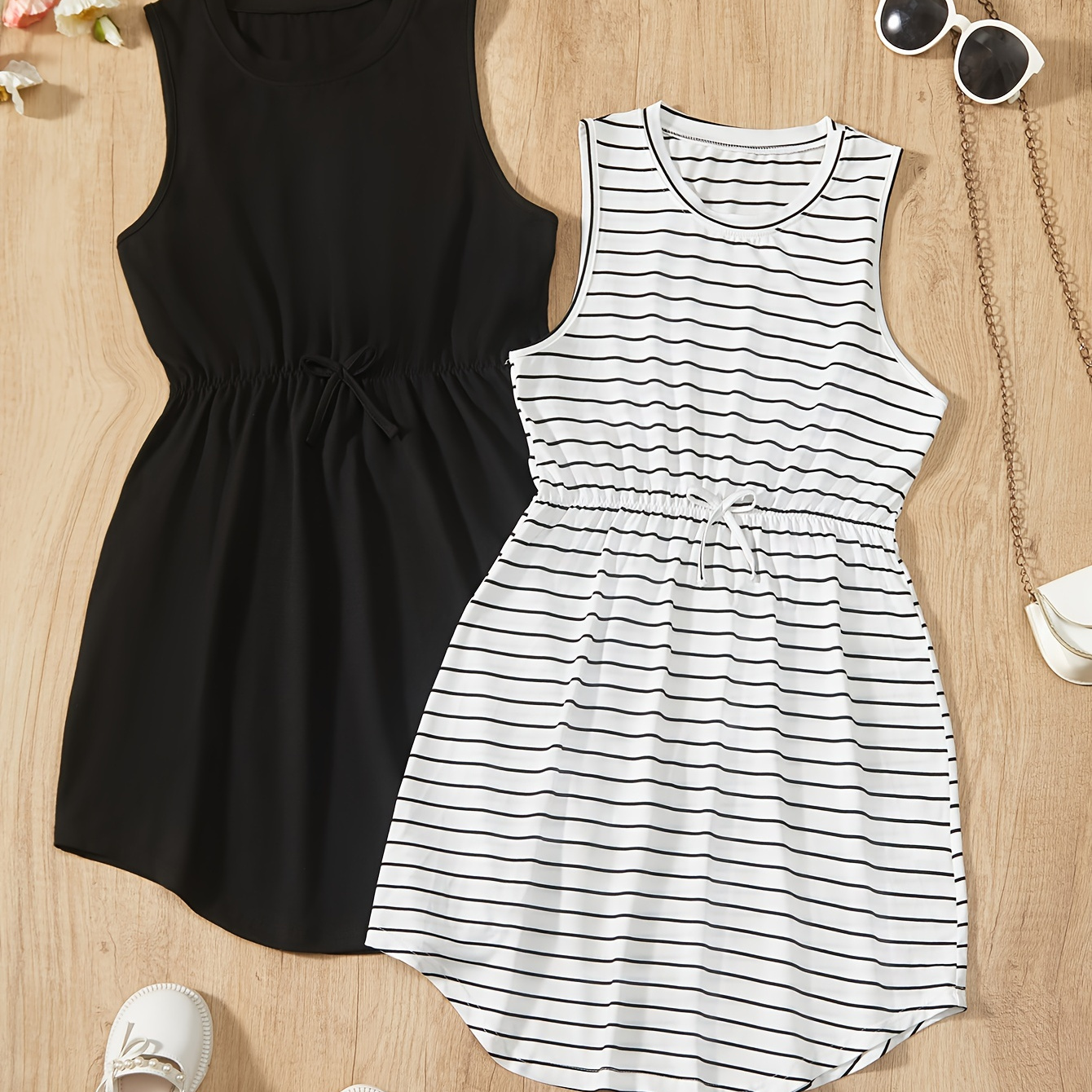 

2pcs Casual Striped Dresses For Teen Girls, Comfy Sleeveless Tunic Dress For Going Out Summer