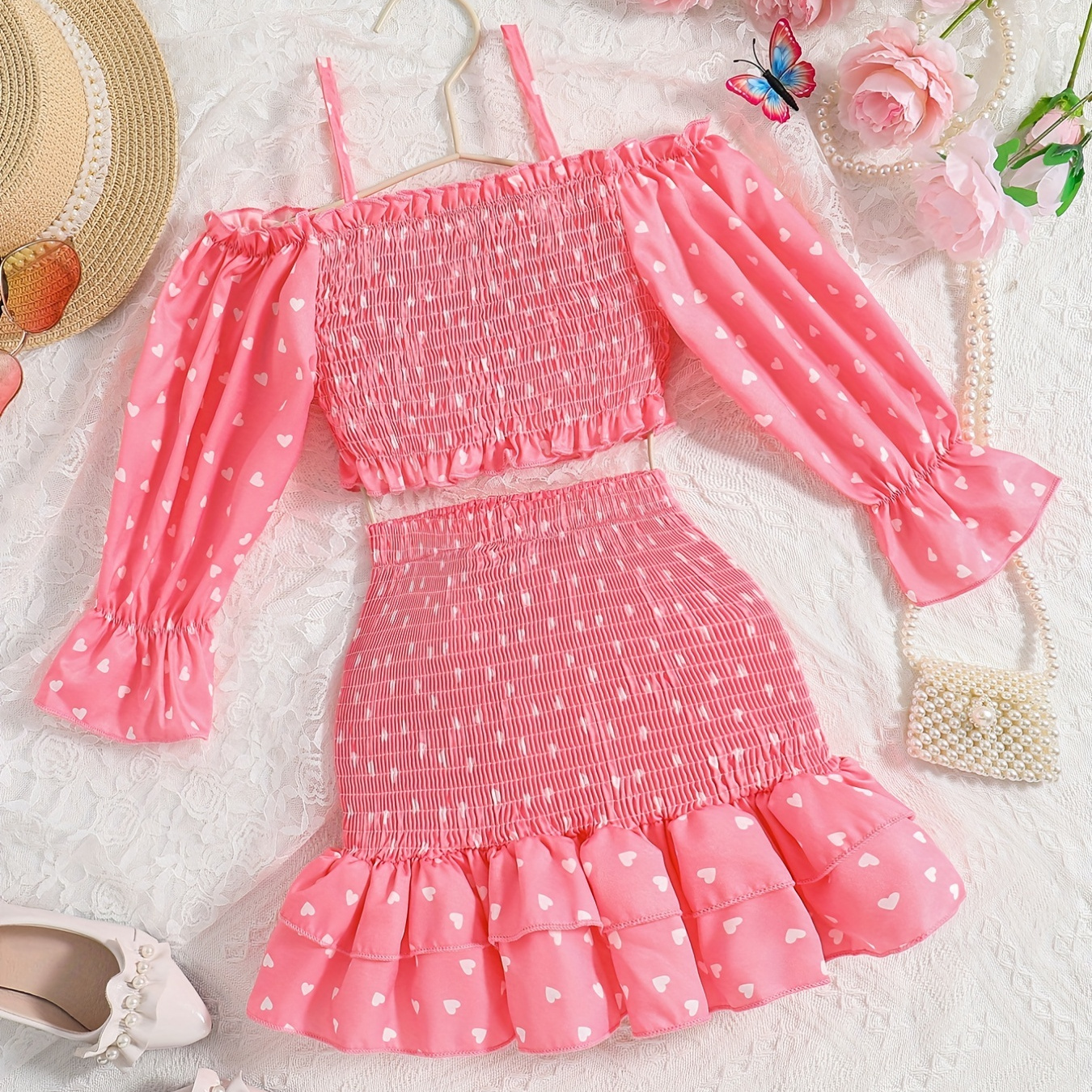 

2pcs Girls Outfit Polka Dot Heart Graphic Puff Sleeves Cold Shoulder Shirred Top & Layered Hem Skirt Set Kids Summer Clothes