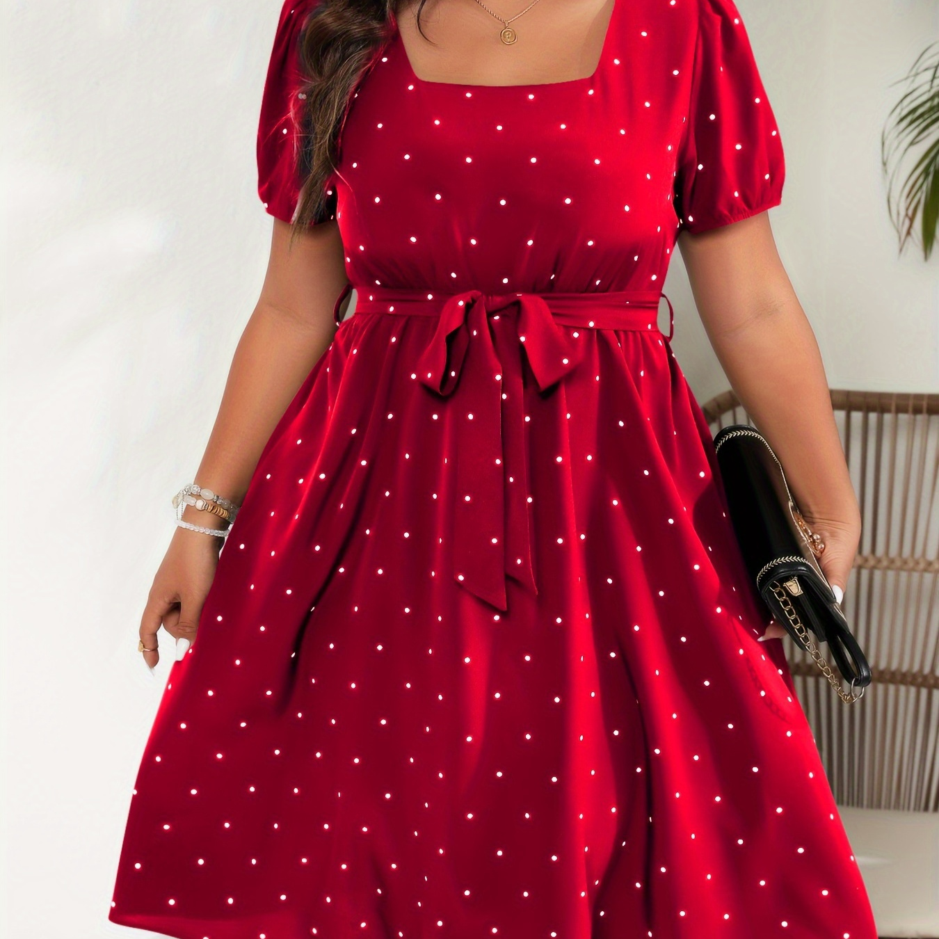 

Plus Size Polka Dot Print Belted Dress, Casual Square Neck Short Sleeve Dress For Spring & Summer, Women's Plus Size Clothing