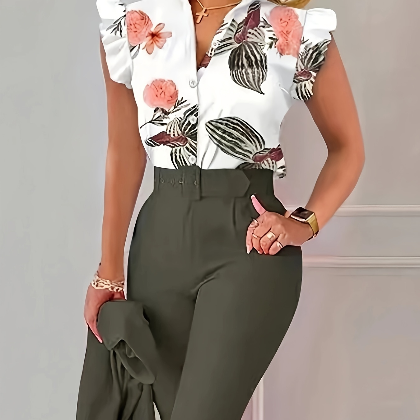 

1pc Women's Floral Print Ruffle Sleeve Shirt - 100% Polyester Stand Collar Blouse For Spring/summer, Woven Fashion Top, Top|floral Print Top| Texture, Floral Print Blouse