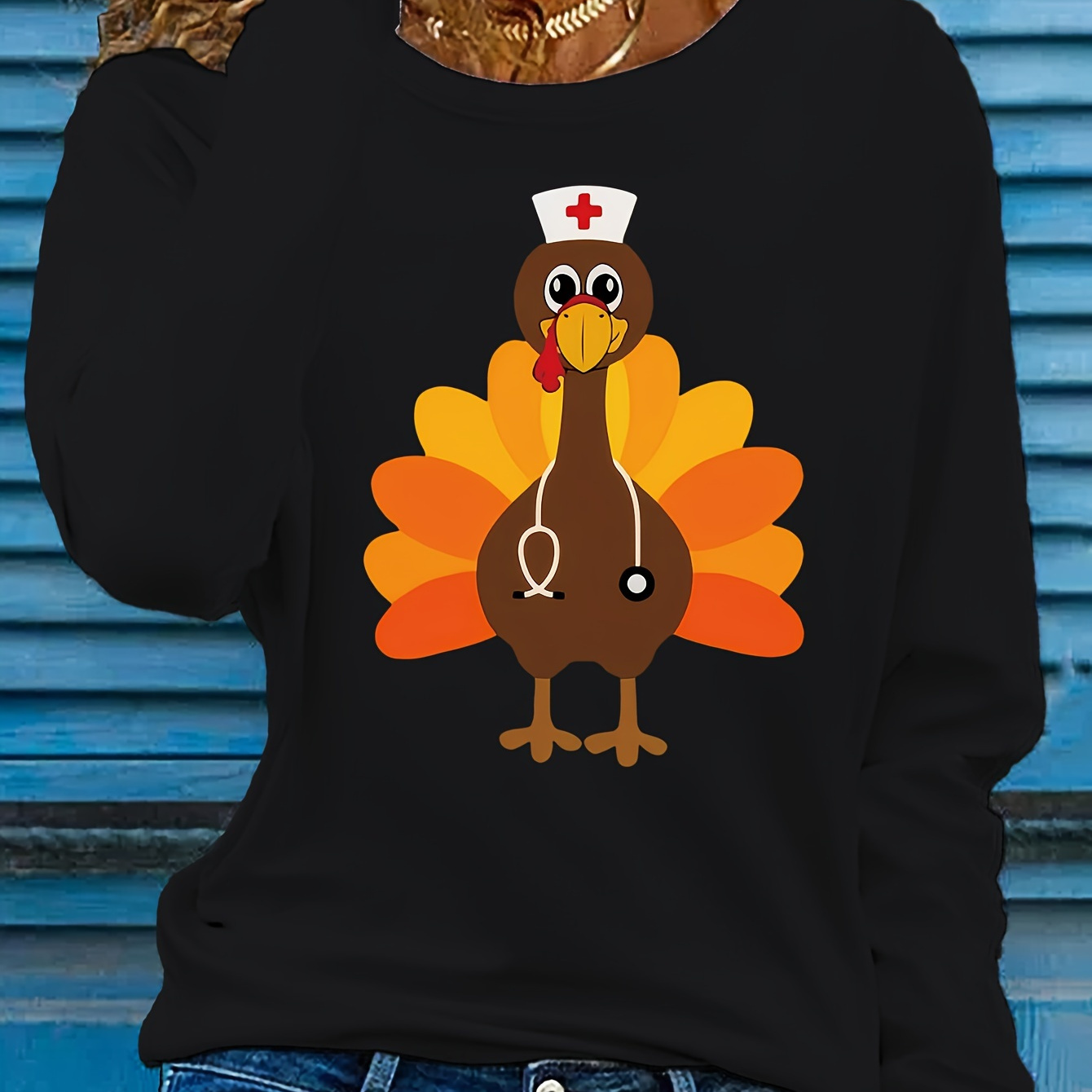 

Women's Long Sleeve T-, Turkey Nurse , Polyester , Regular Fit, Round , No , / Top