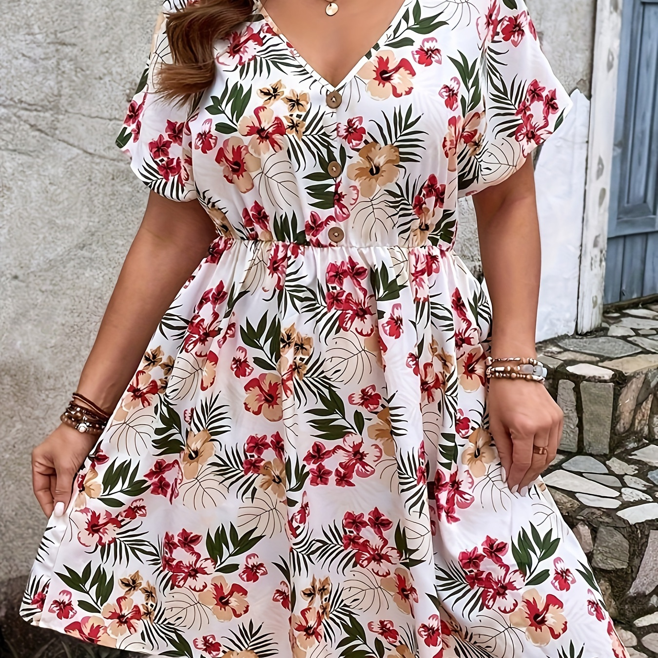 

Plus Size Plant Print Dress, Casual V Neck Short Sleeve Dress, Women's Plus Size Clothing