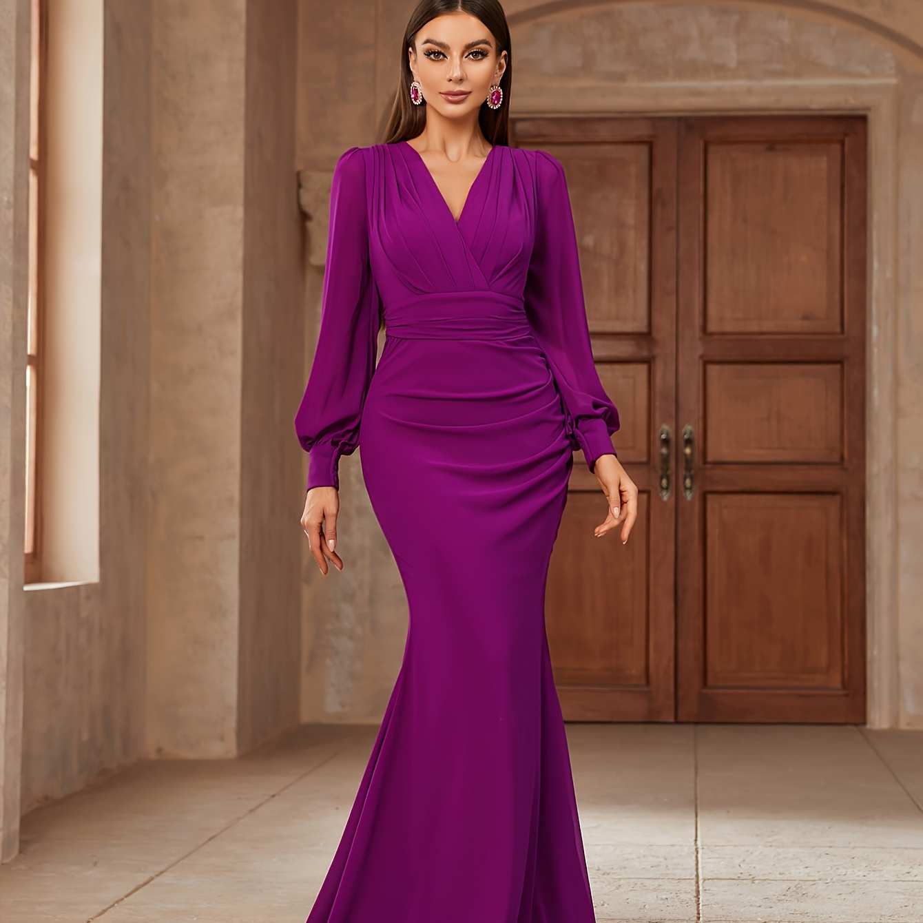 

Solid Color Surplice Neck Dress, Elegant Long Sleeve Floor Length Dress For Party & Banquet, Women's Clothing