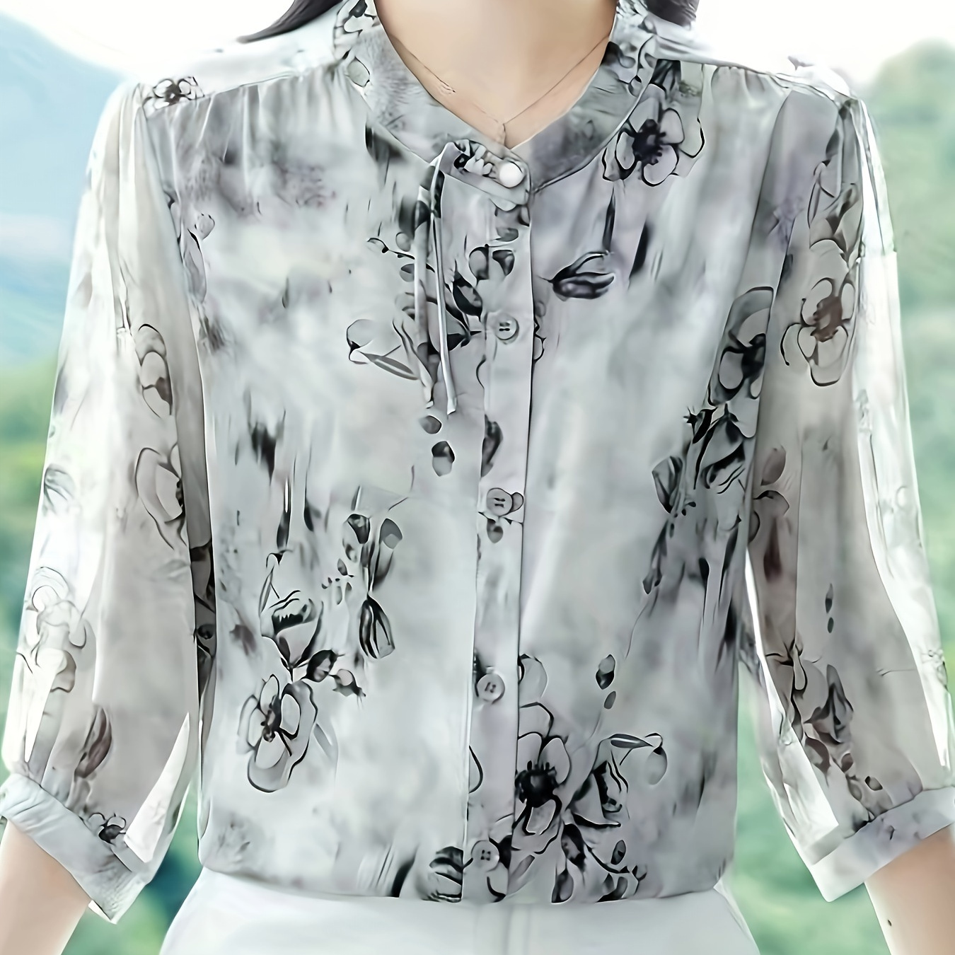 

Floral Print Button Front Blouse, Vintage 3/4 Sleeve Blouse For Spring & Fall, Women's Clothing