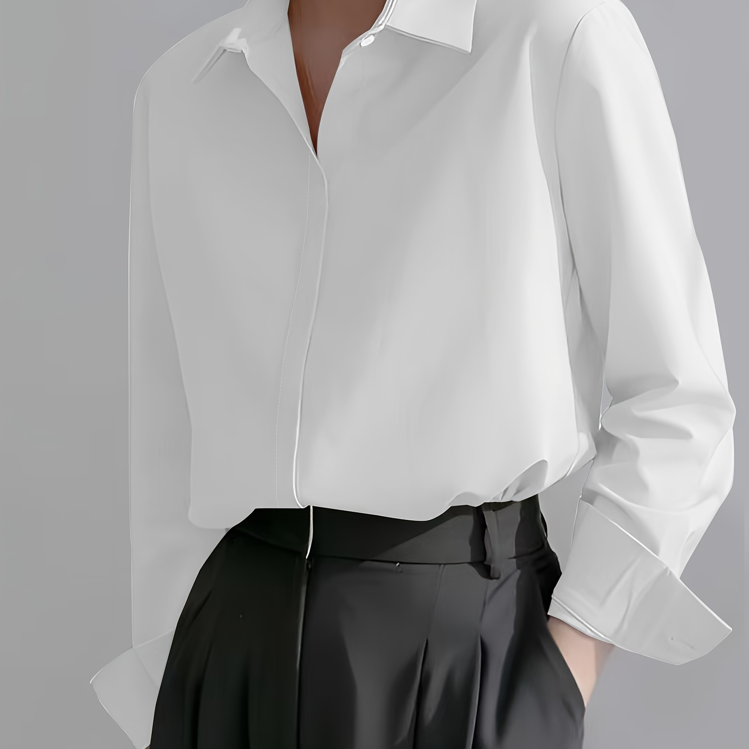 

Blouse Blanche Élégante à Manches Longues pour Femme - Coupe Slim, Polyester, Parfaite pour & , Printemps/Été/Automne