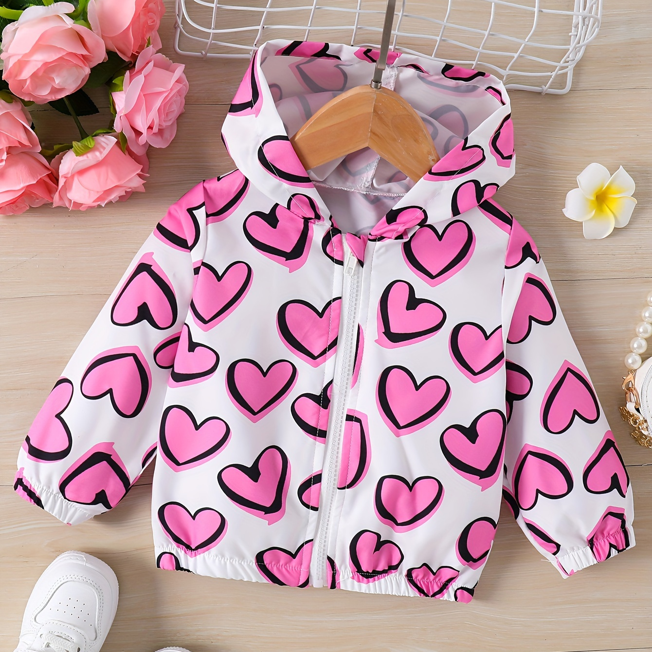 

Baby's Cartoon Heart Pattern Hooded Jacket, Outdoor Zip Up Coat, Infant & Toddler Girl's Clothing