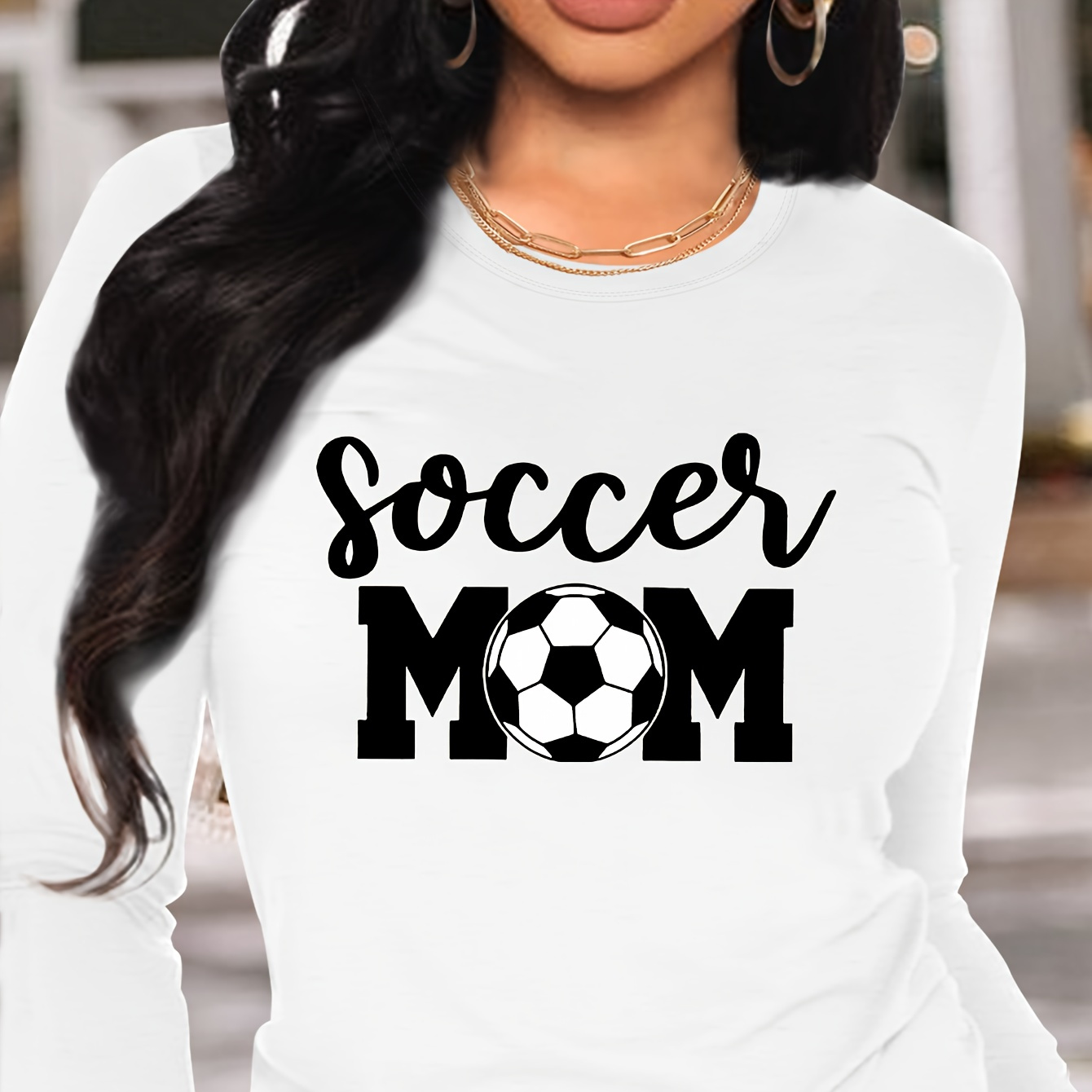 

Women's Polyester Soccer Mom Applique Crew Neck Long Sleeve T-shirt - Casual Knit Fabric Top With Graphic Print, Regular Length, All-season Wear