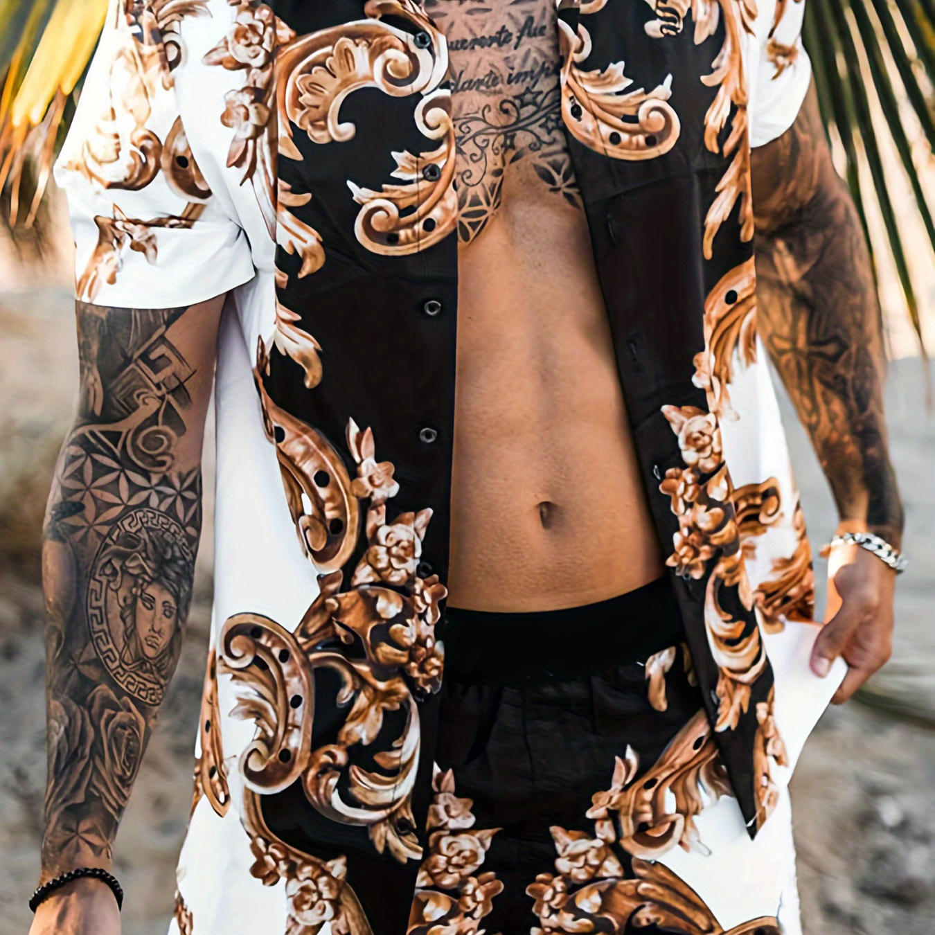 

2-piece Men's Aztec Graphic Print Summer Outfit Set, Men's Short Sleeve Button Up Lapel Shirt & Elastic Waist Shorts With Pockets